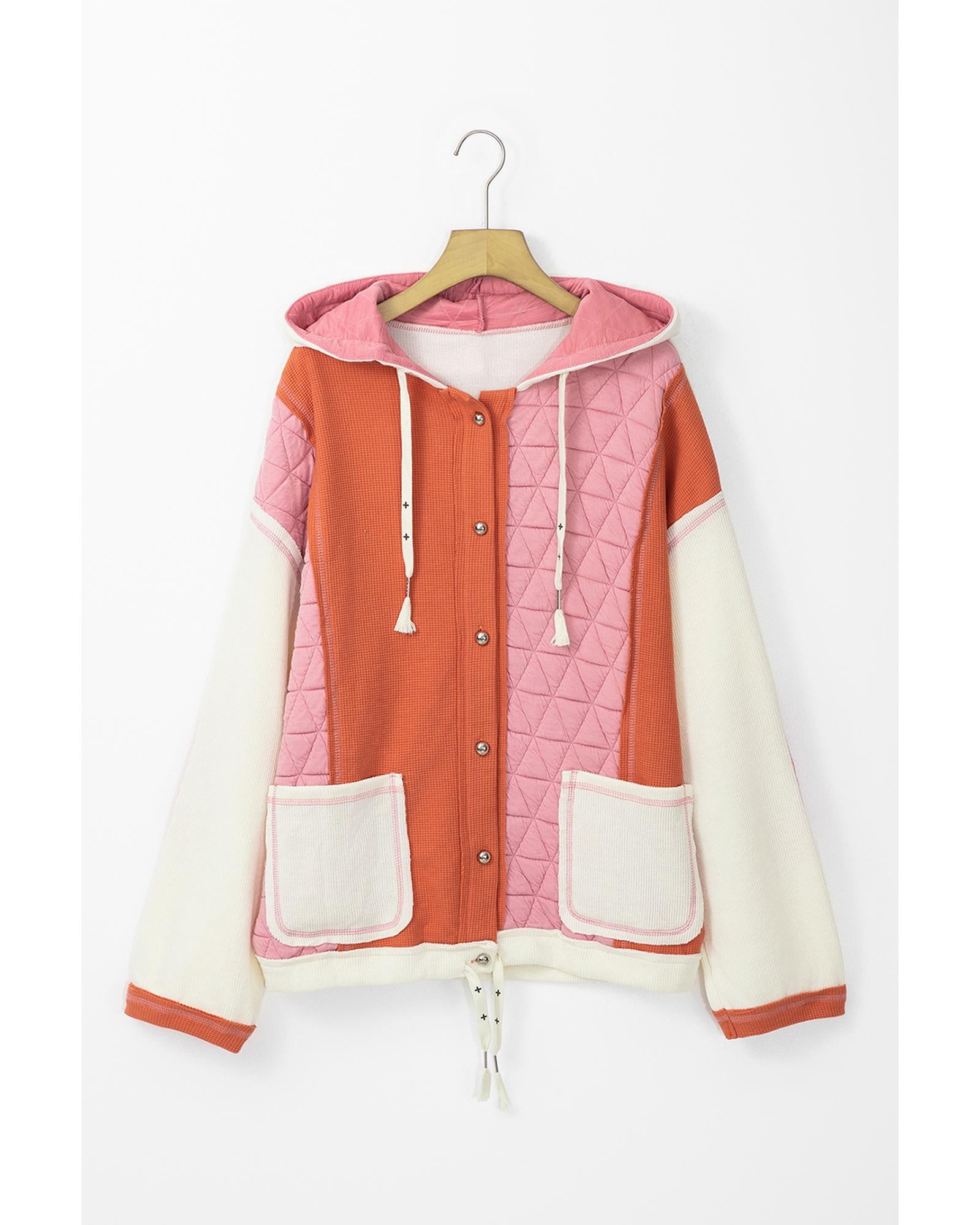 Coral Quilted Textured Patchwork Loose Fit Hooded Jacket - M