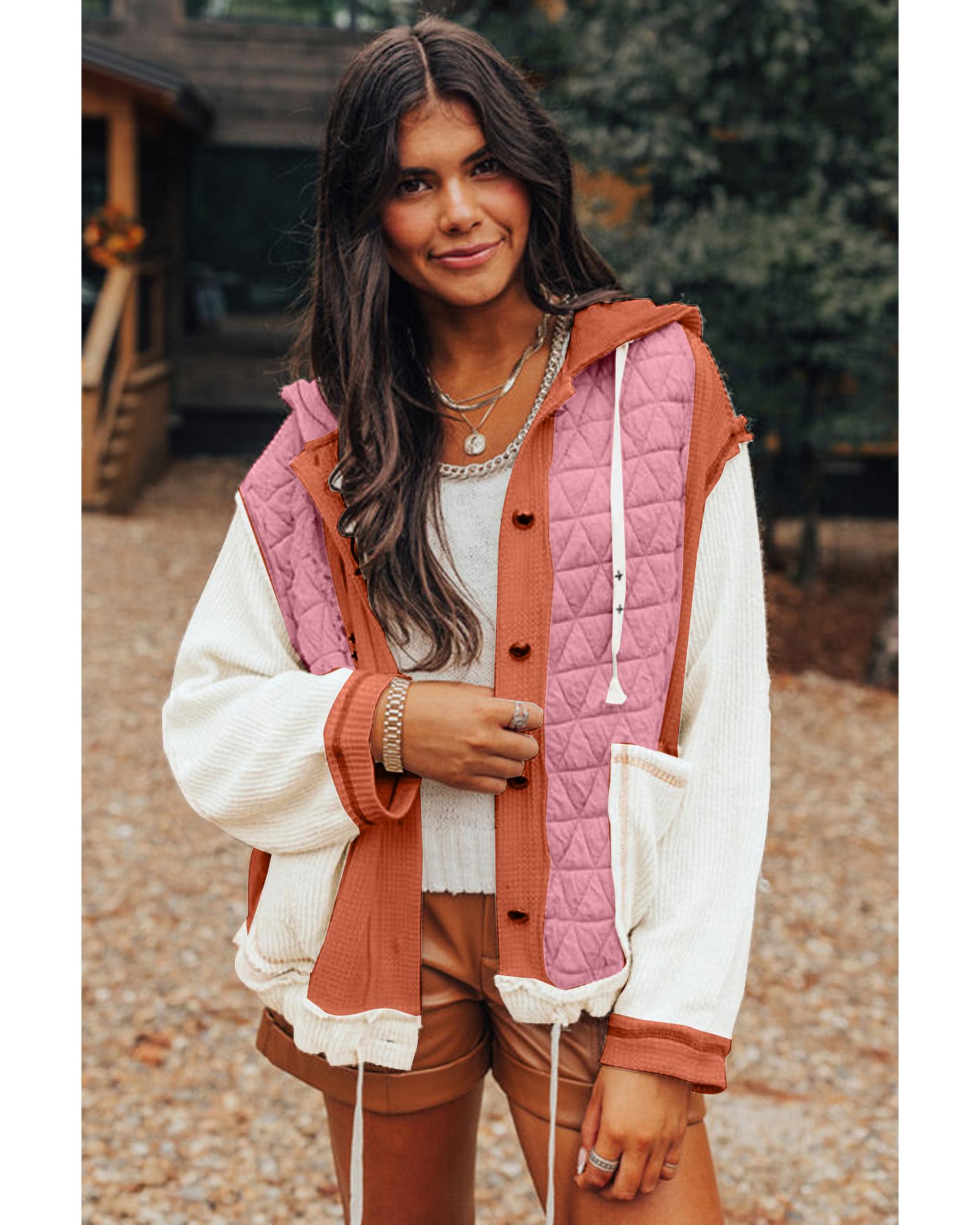 Coral Quilted Textured Patchwork Loose Fit Hooded Jacket - M