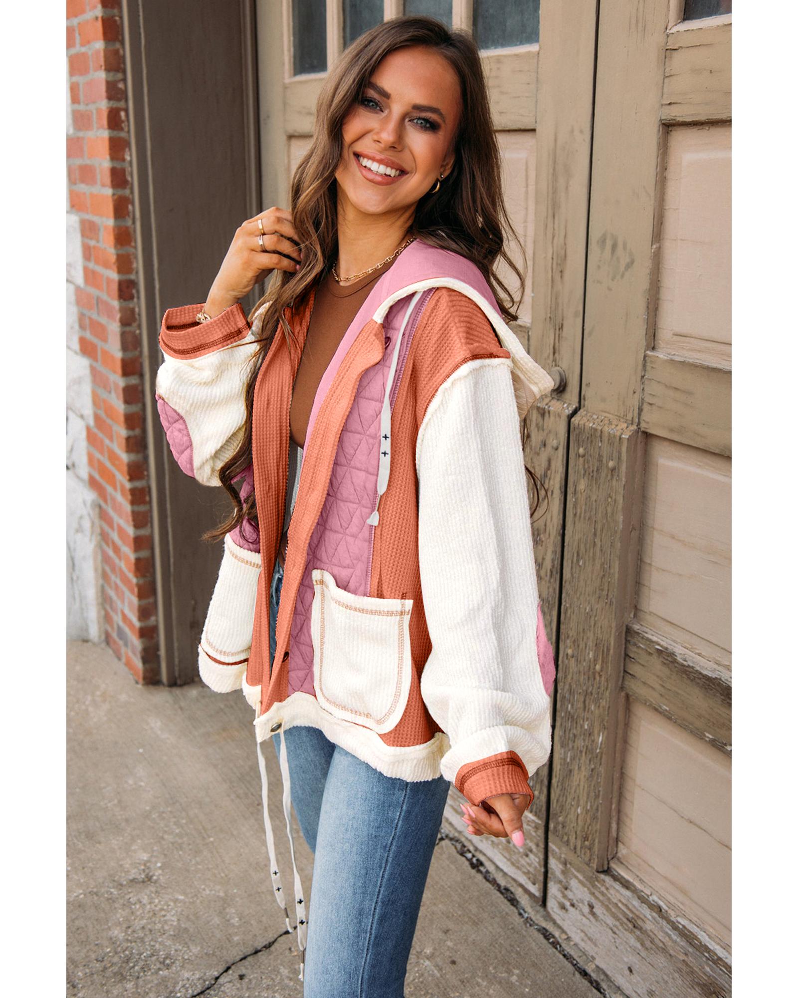 Coral Quilted Textured Patchwork Loose Fit Hooded Jacket - S