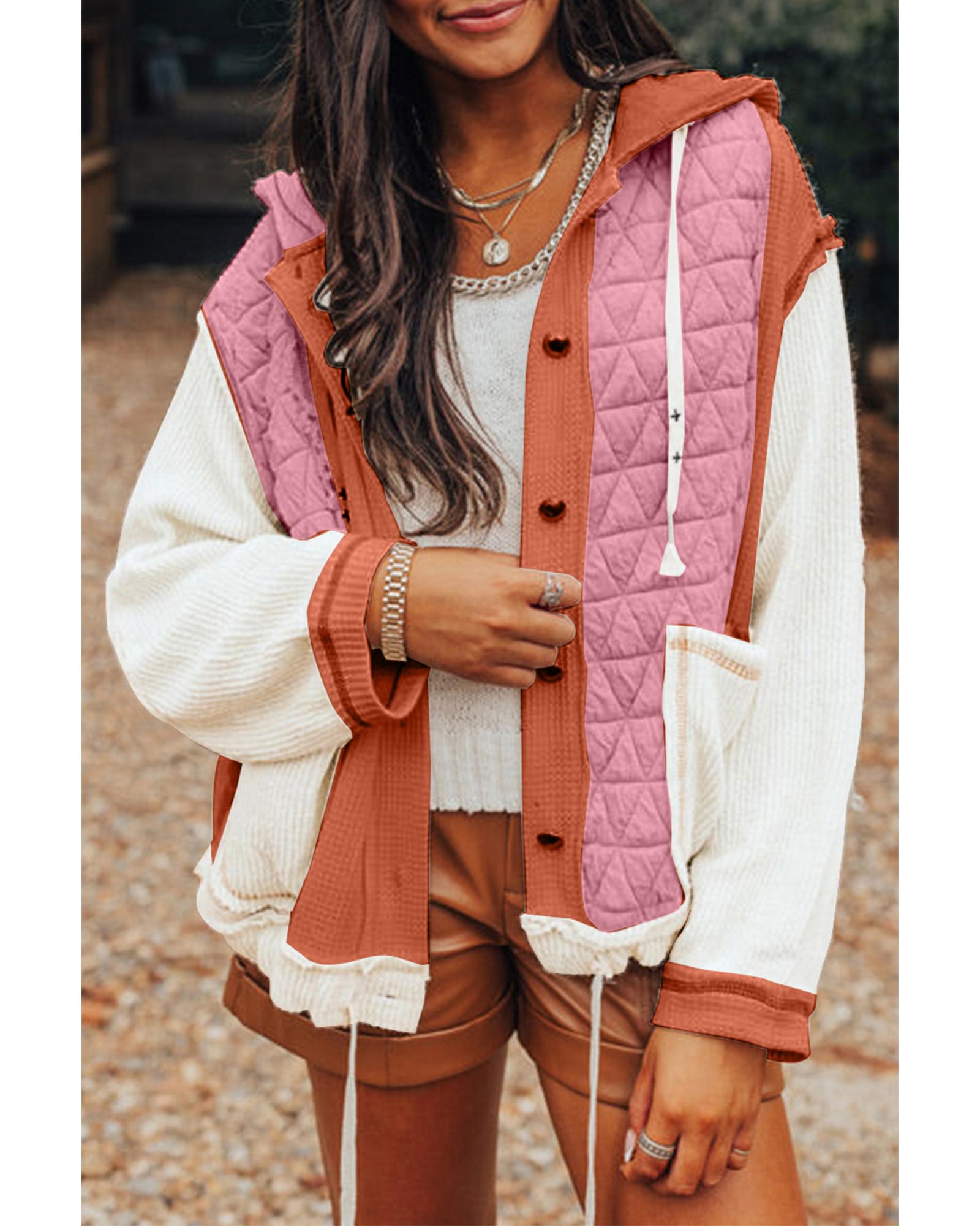 Coral Quilted Textured Patchwork Loose Fit Hooded Jacket - S