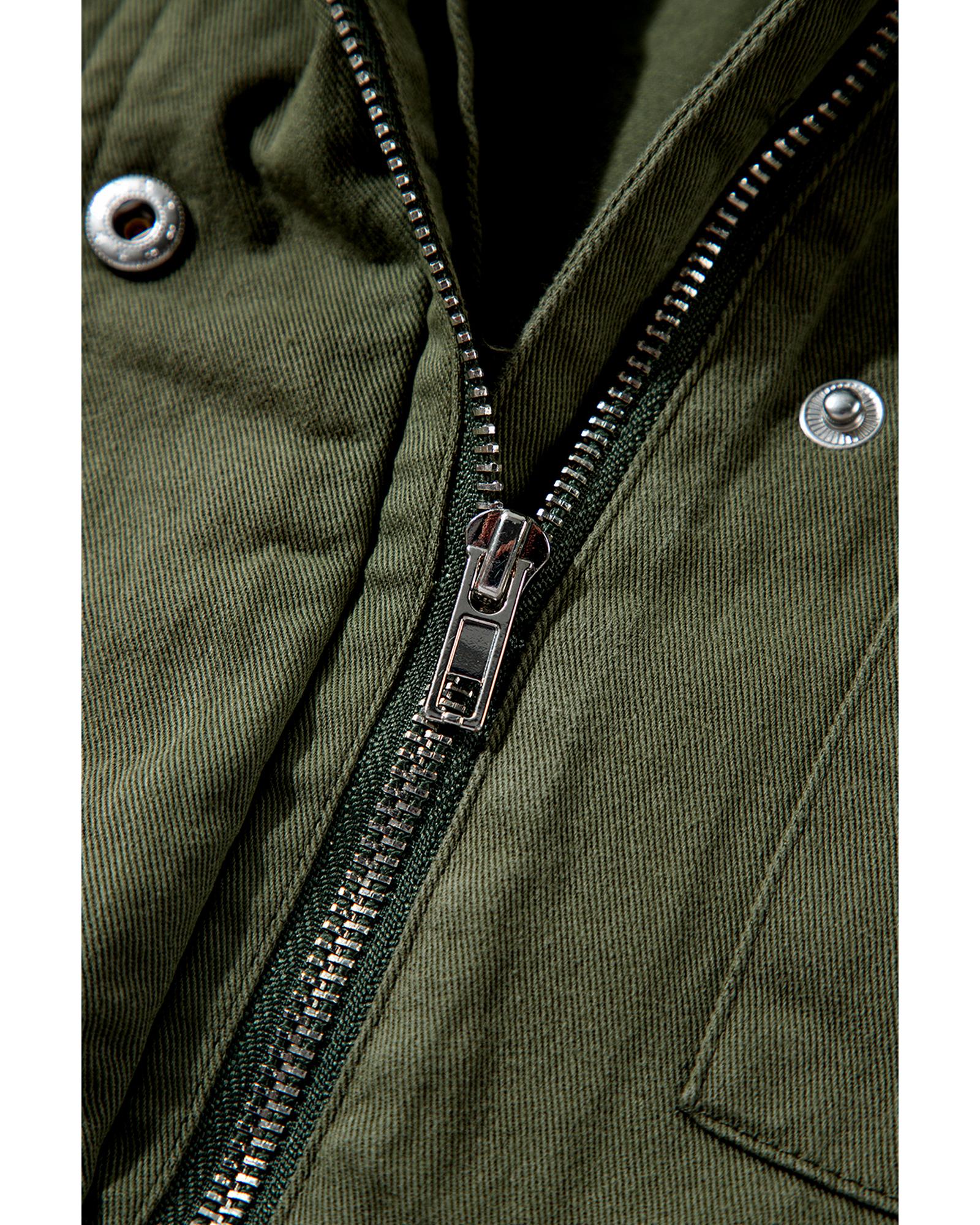 Moss Green Snap Button Zipper Tight Waist Collared Jacket - M