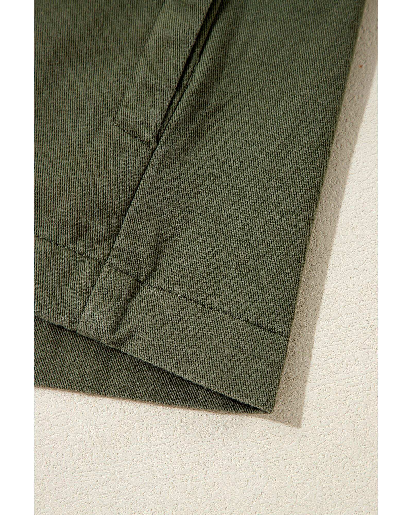 Moss Green Snap Button Zipper Tight Waist Collared Jacket - M