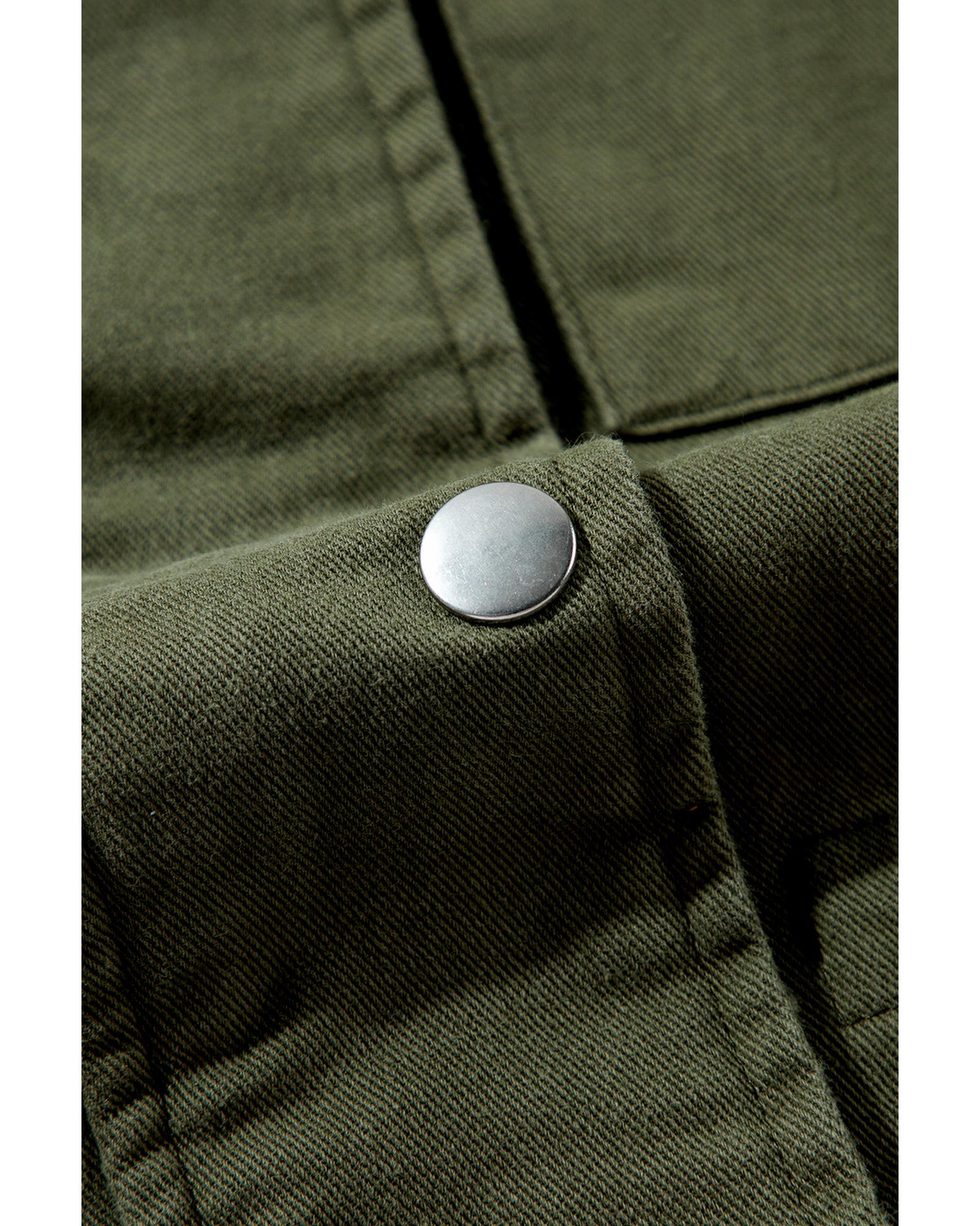 Moss Green Snap Button Zipper Tight Waist Collared Jacket - S