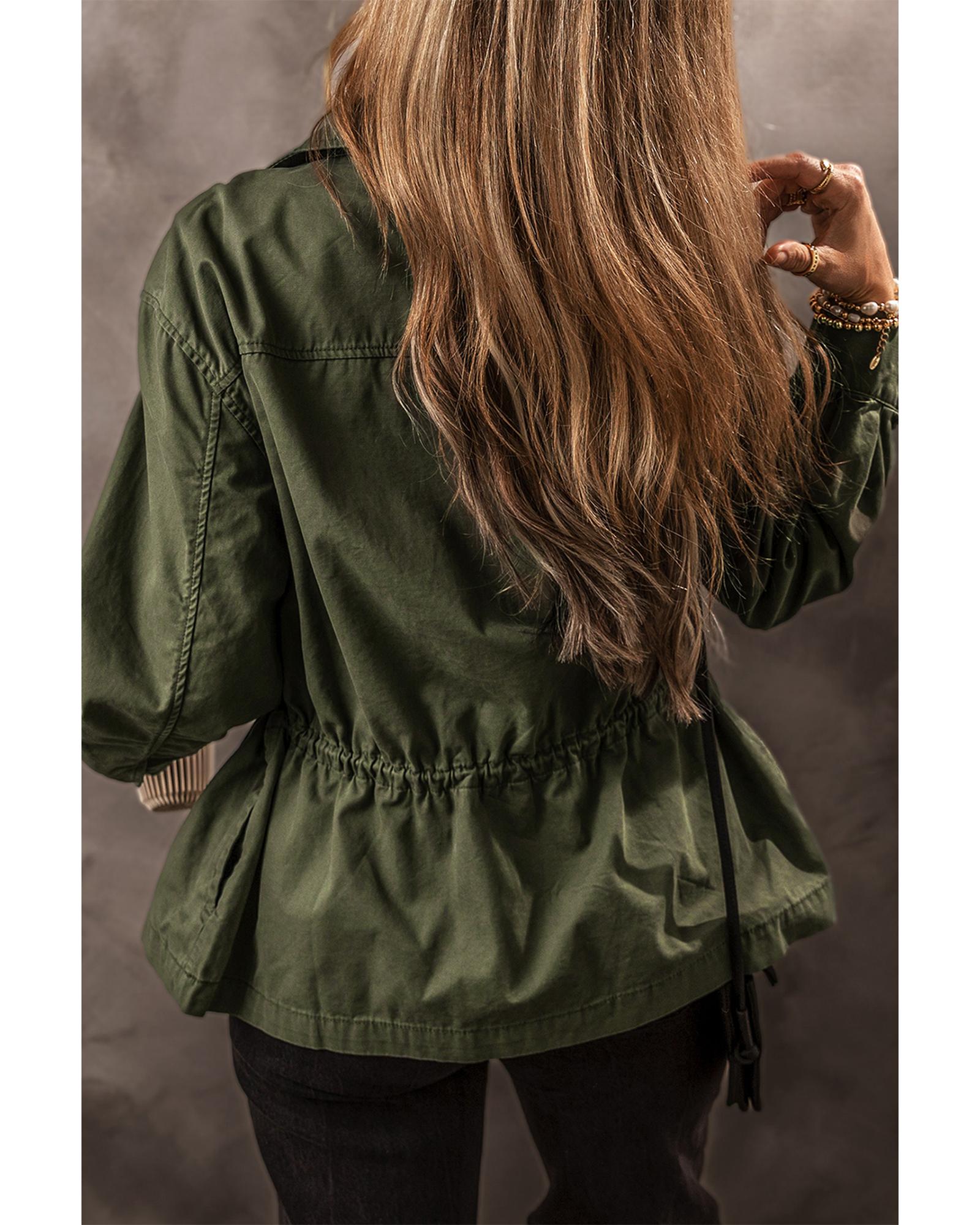 Moss Green Snap Button Zipper Tight Waist Collared Jacket - S