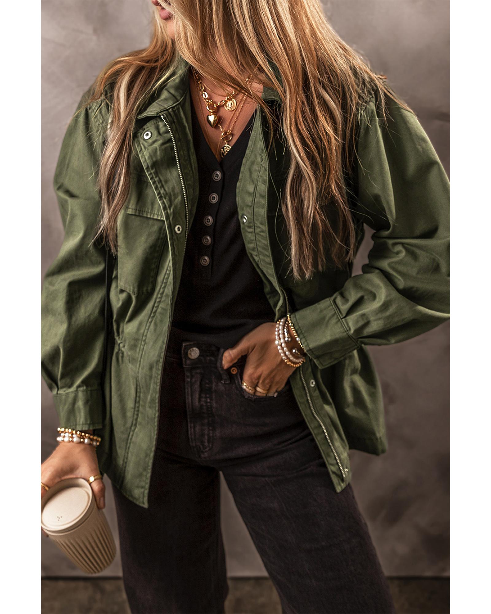 Moss Green Snap Button Zipper Tight Waist Collared Jacket - XL