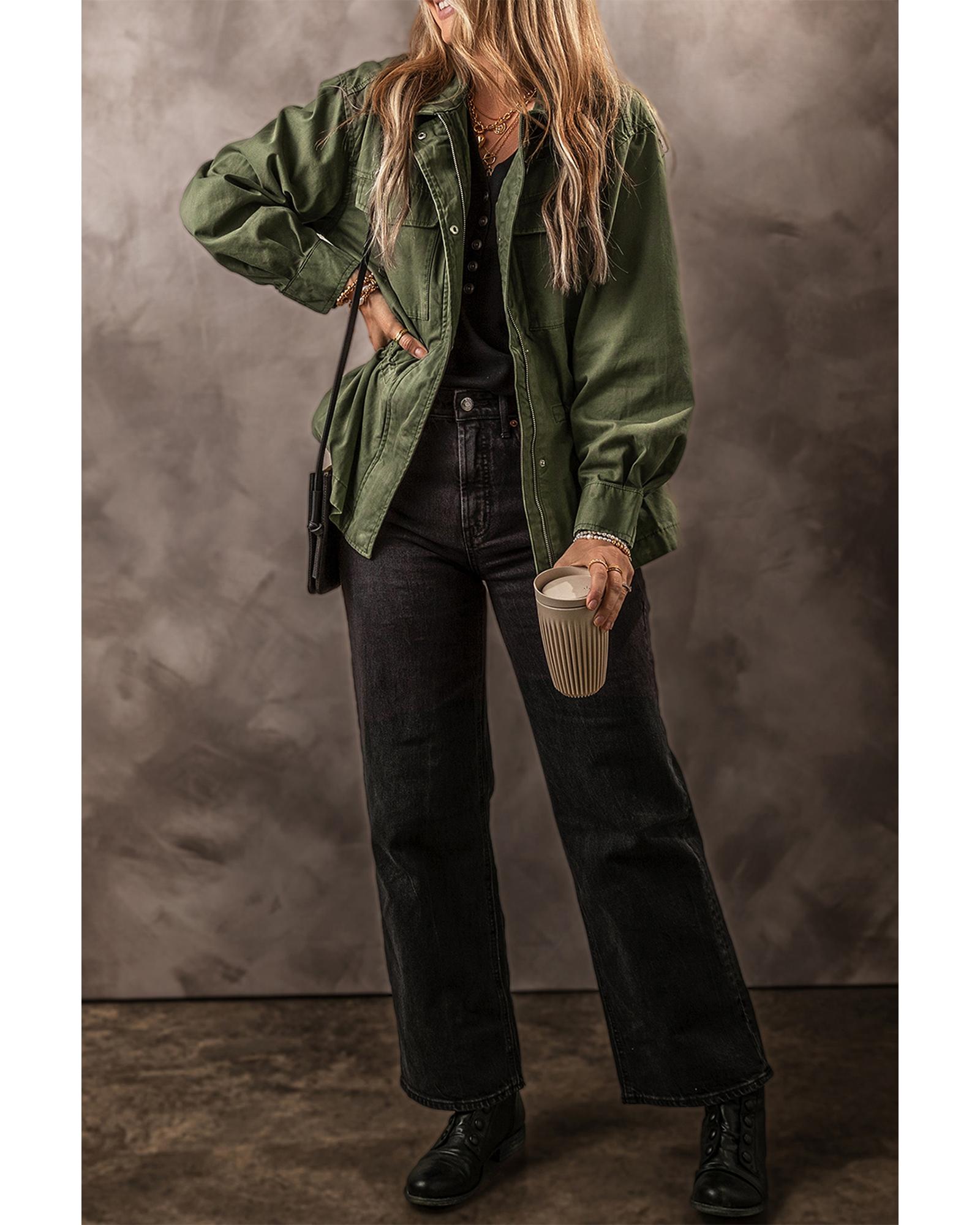 Moss Green Snap Button Zipper Tight Waist Collared Jacket - XL