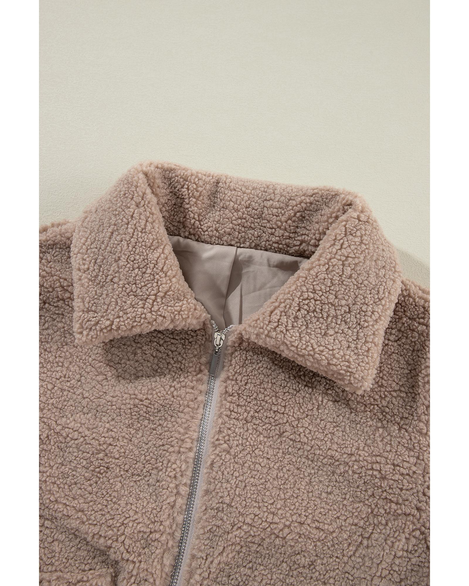 Light French Beige Zipper Pocketed Winter Fuzzy Jacket - L