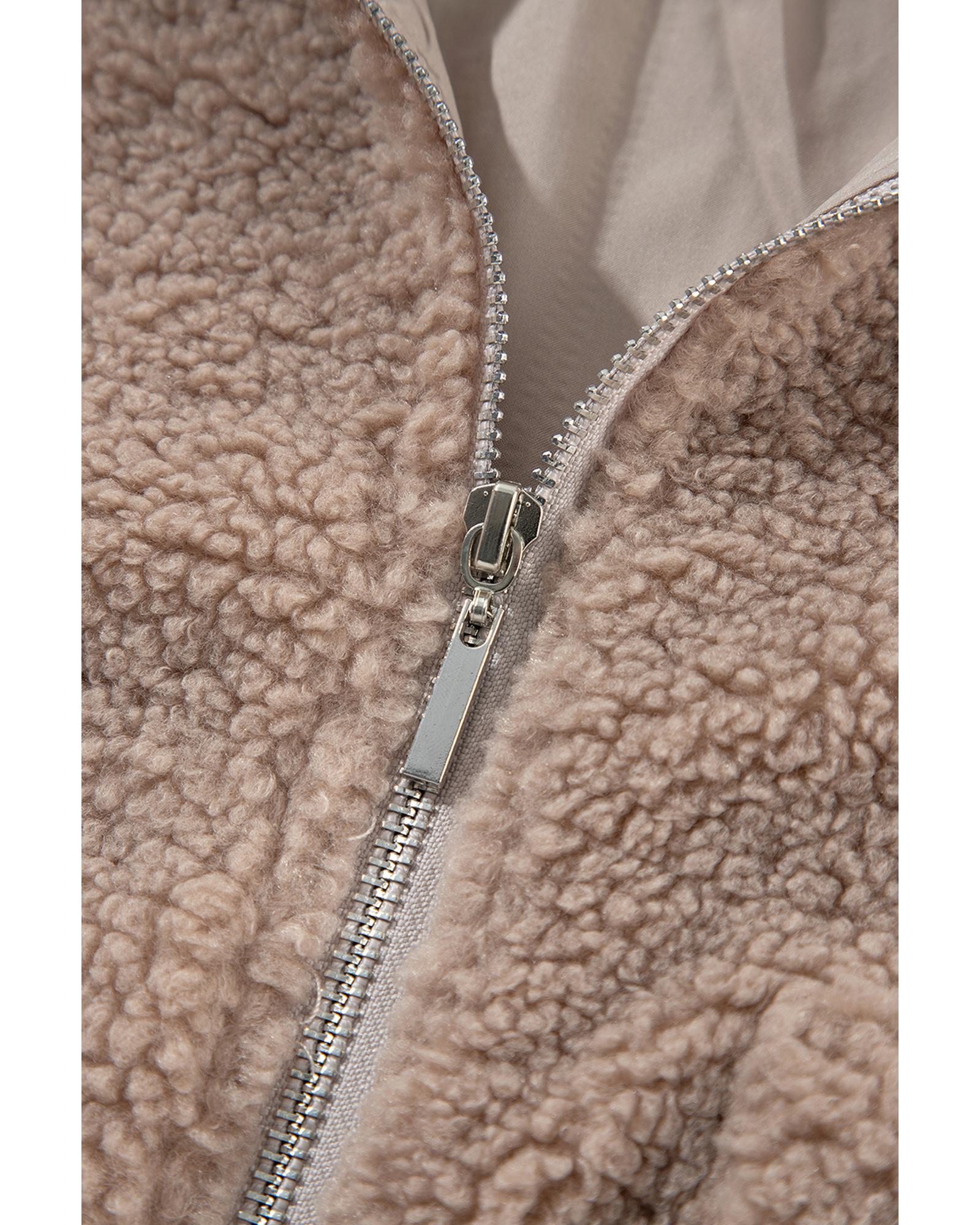 Light French Beige Zipper Pocketed Winter Fuzzy Jacket - M