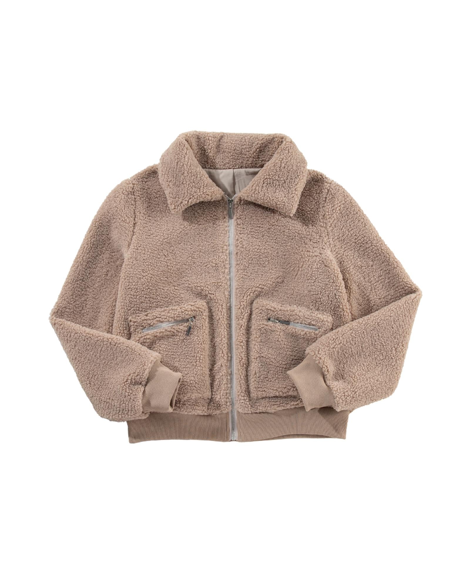 Light French Beige Zipper Pocketed Winter Fuzzy Jacket - S