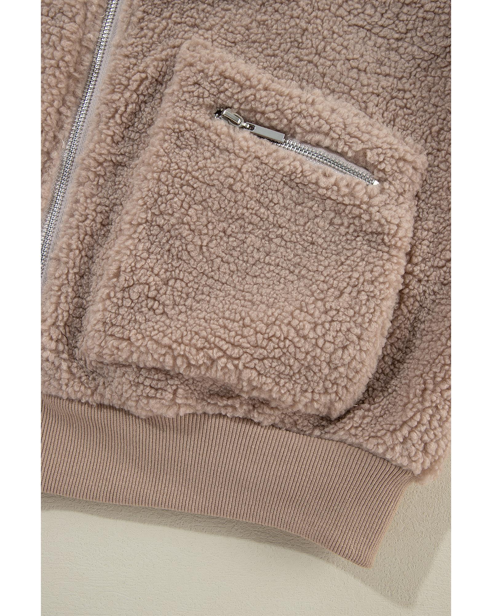 Light French Beige Zipper Pocketed Winter Fuzzy Jacket - S