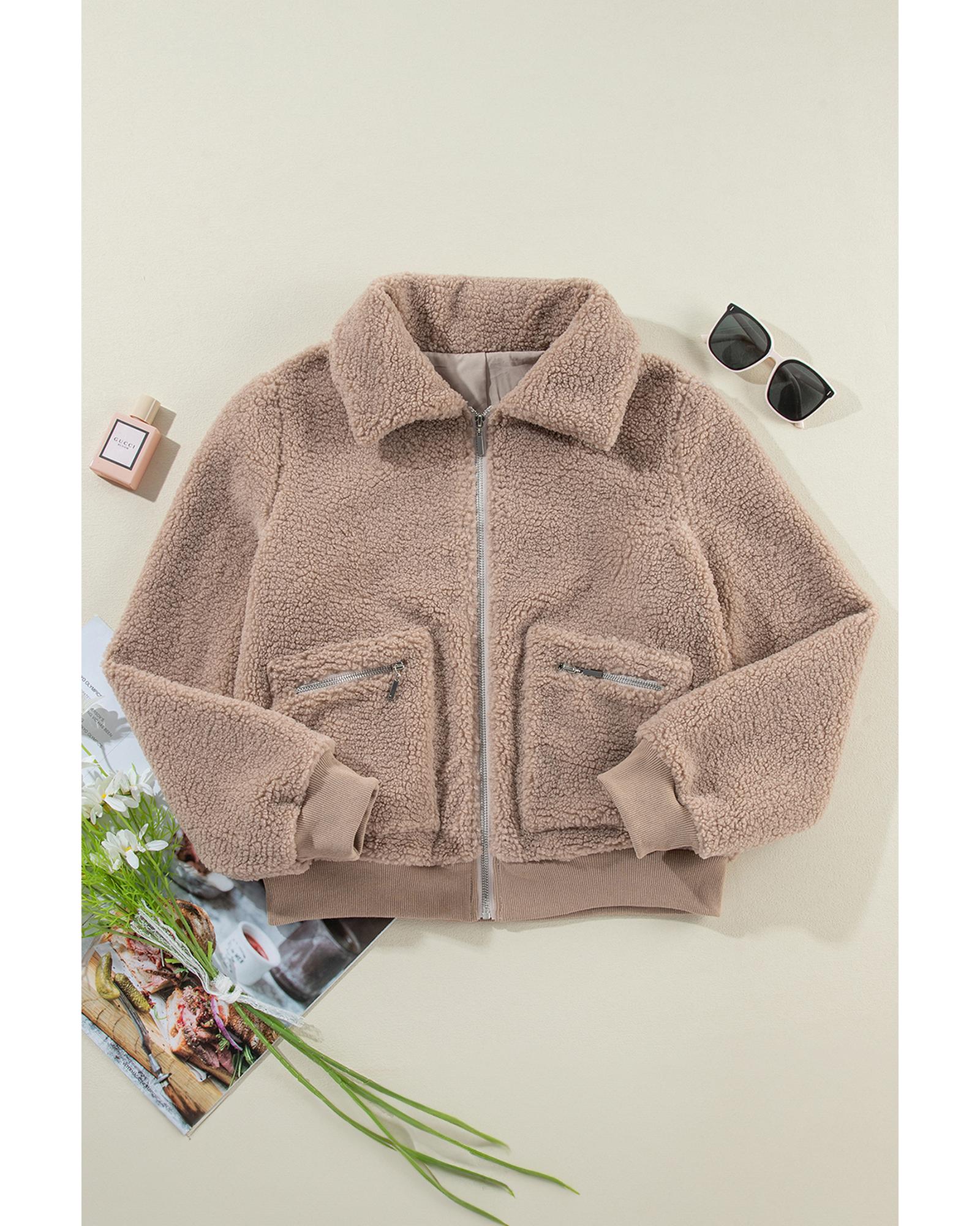 Light French Beige Zipper Pocketed Winter Fuzzy Jacket - XL