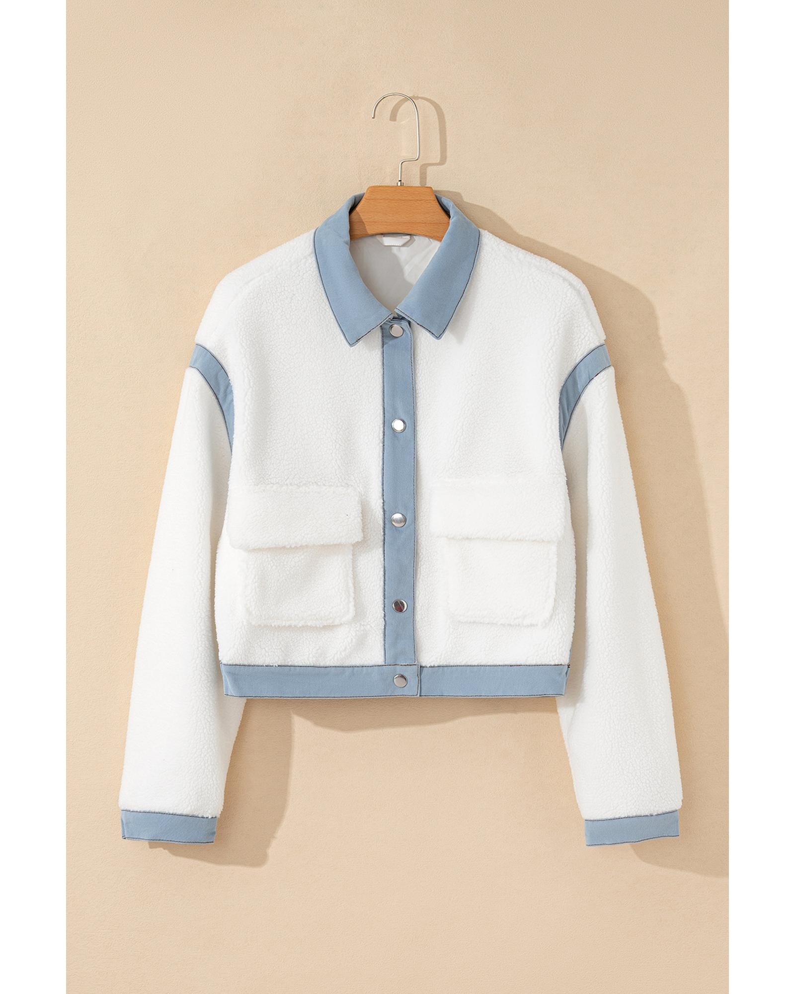 White Contrast Trim Buttoned Sherpa Jacket - L