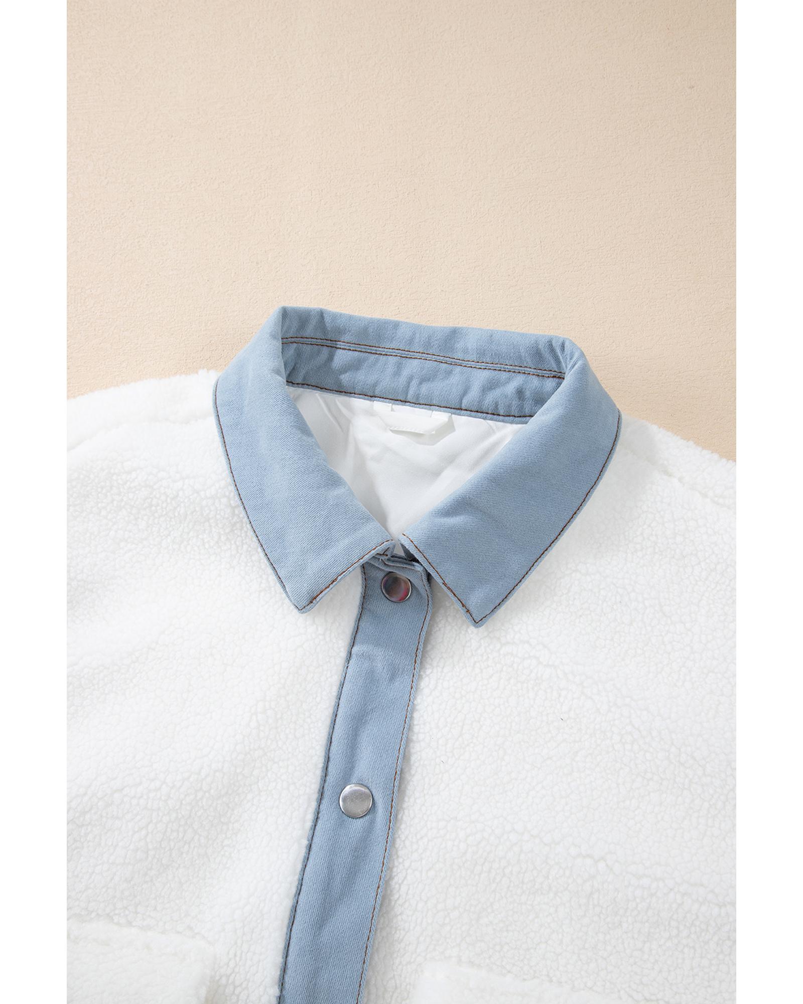 White Contrast Trim Buttoned Sherpa Jacket - M