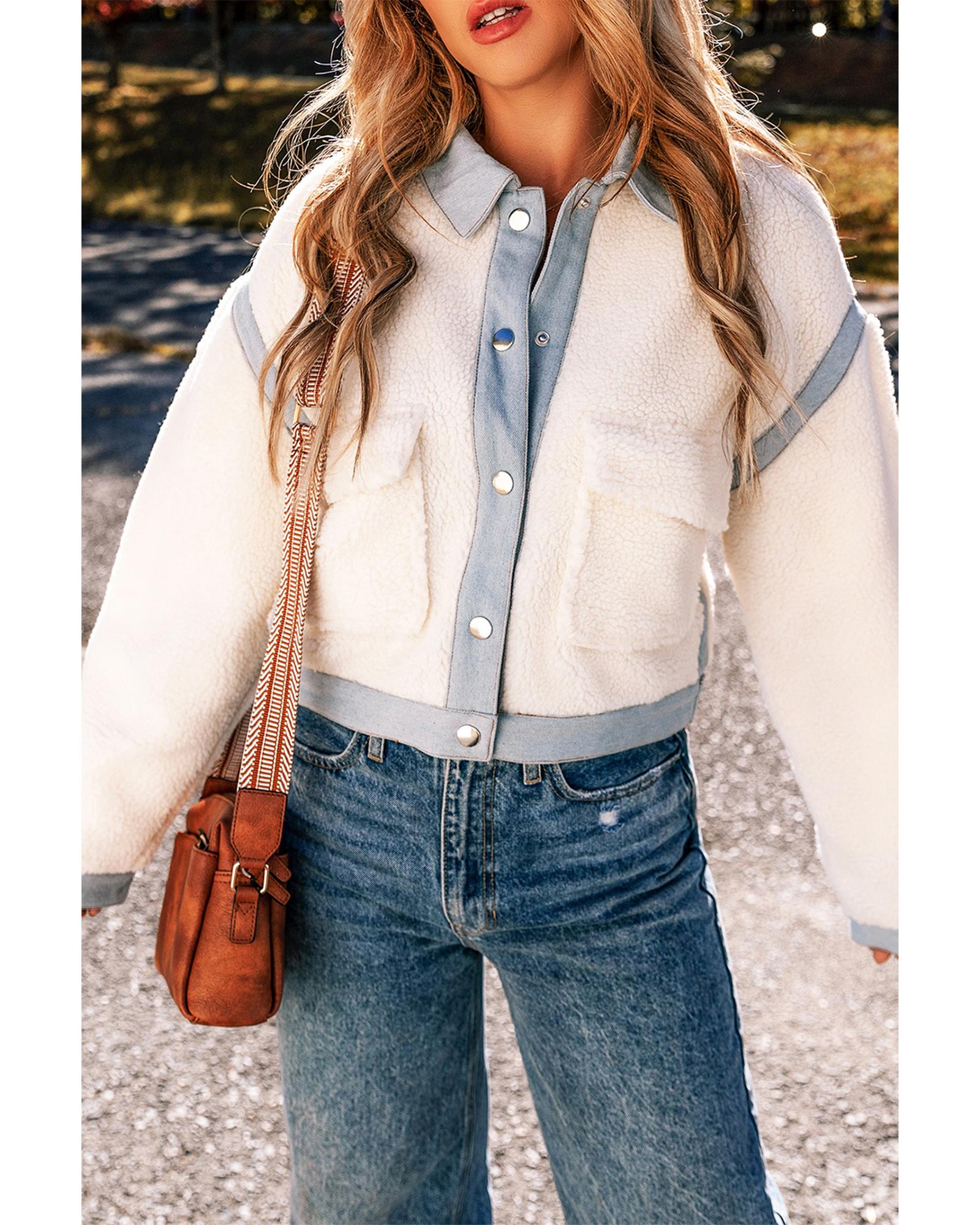 White Contrast Trim Buttoned Sherpa Jacket - S