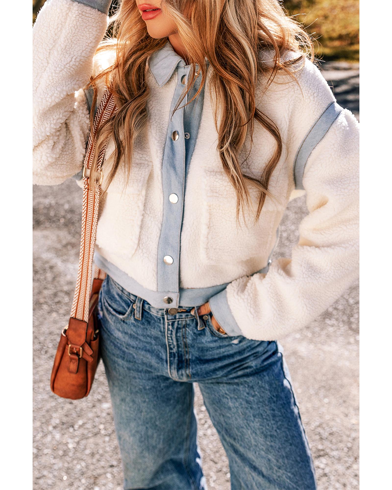 White Contrast Trim Buttoned Sherpa Jacket - S