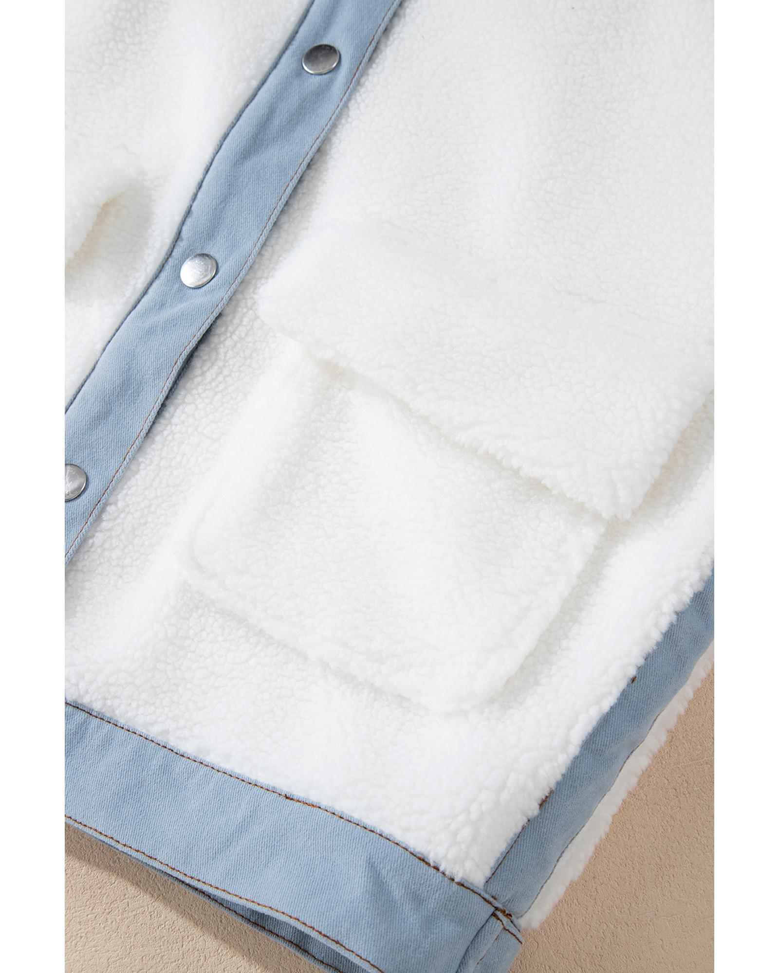 White Contrast Trim Buttoned Sherpa Jacket - XL