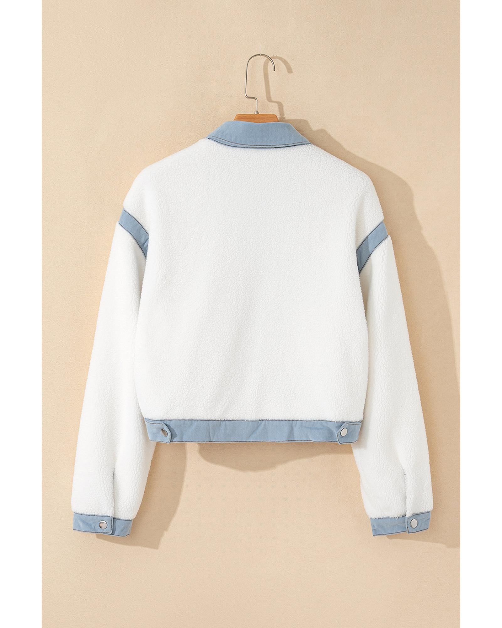 White Contrast Trim Buttoned Sherpa Jacket - XL