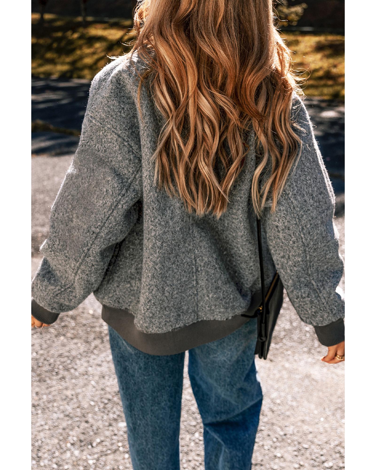 Medium Grey Fuzzy Zip Up Pocketed Sleeve Jacket - L