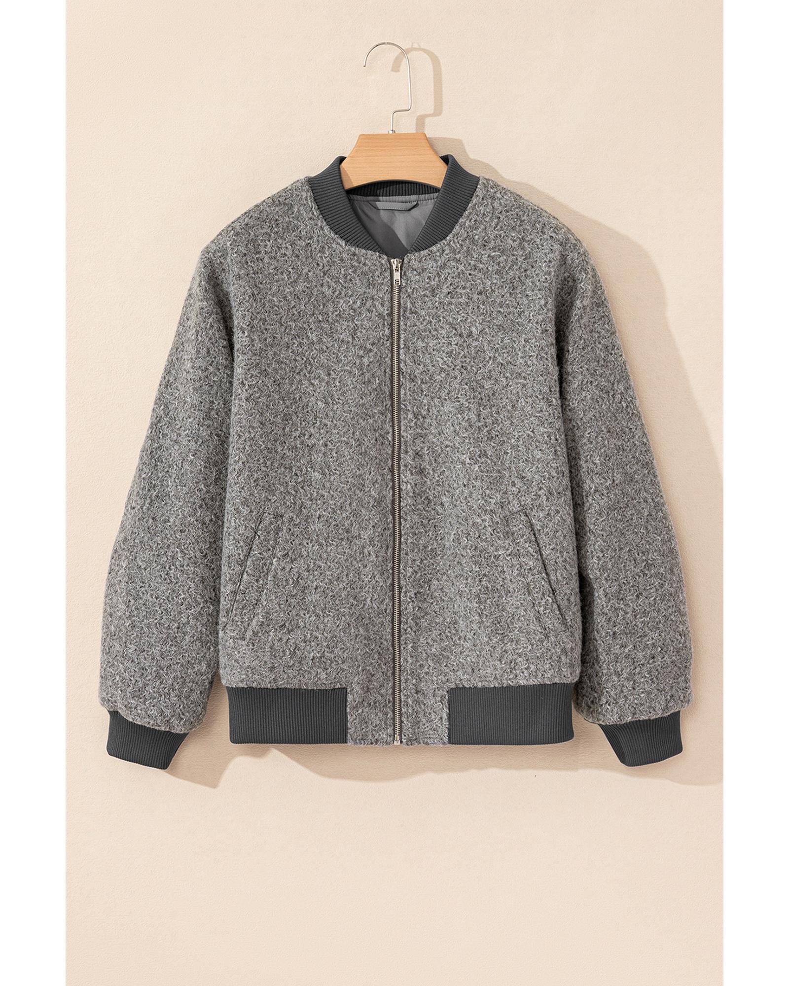 Medium Grey Fuzzy Zip Up Pocketed Sleeve Jacket - L