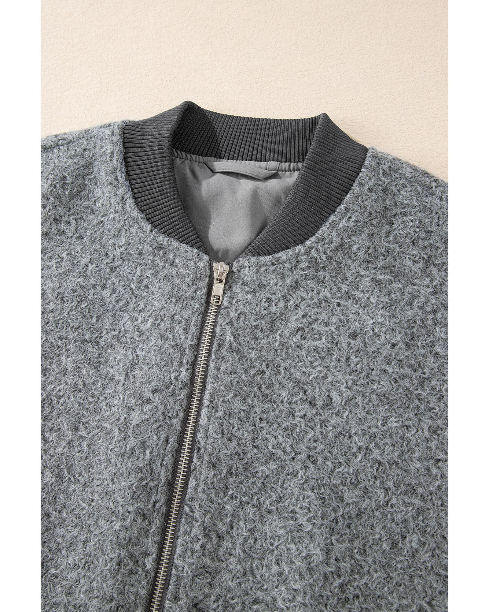 Medium Grey Fuzzy Zip Up Pocketed Sleeve Jacket - XL