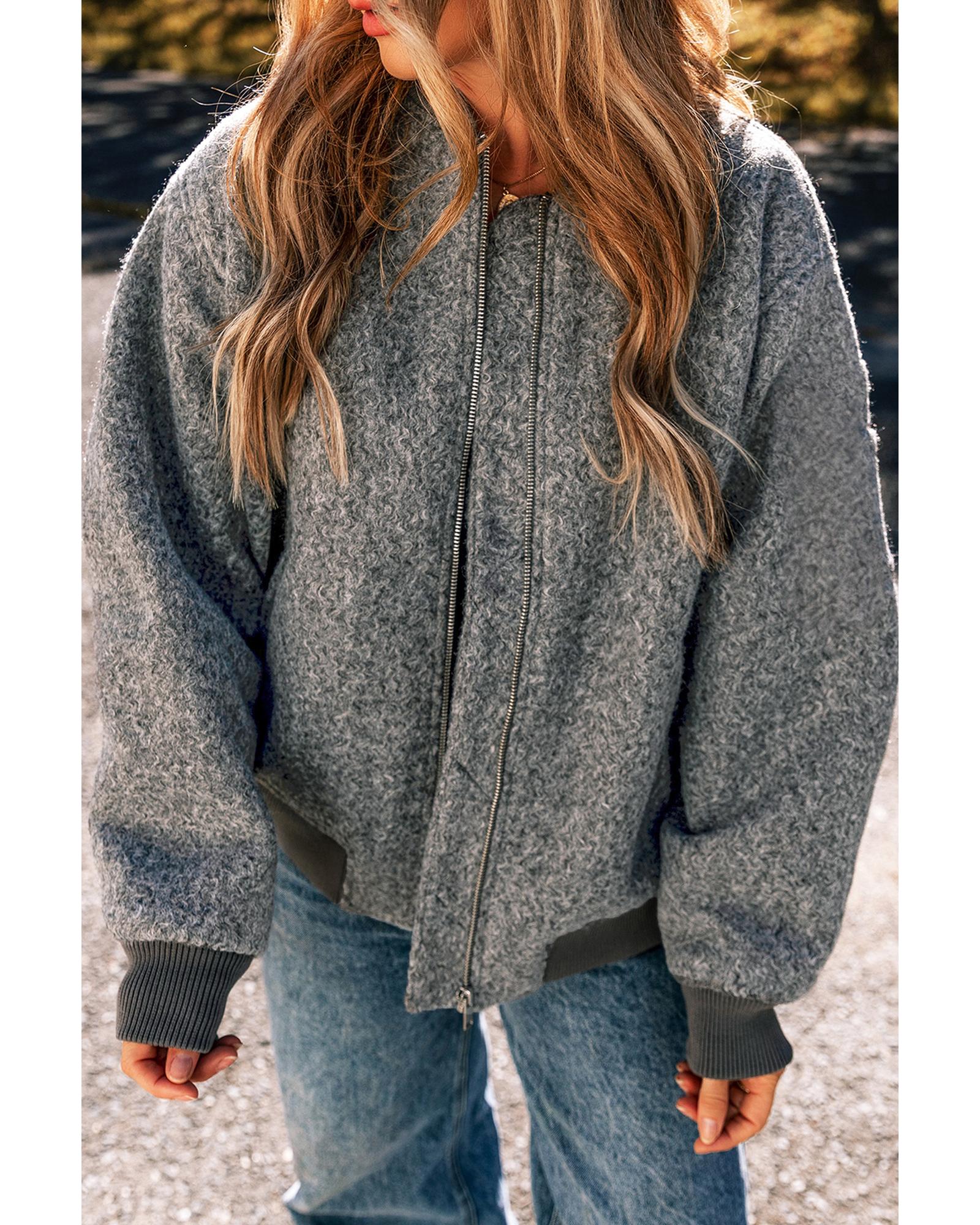 Medium Grey Fuzzy Zip Up Pocketed Sleeve Jacket - XL