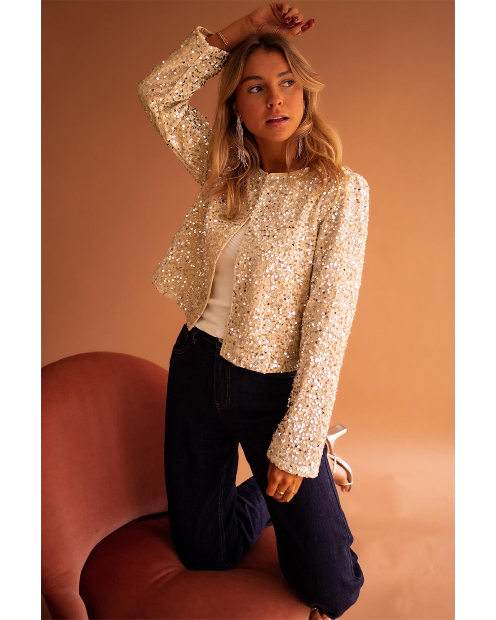 Golden Fleece Sequined Open Front Cropped Jacket - L