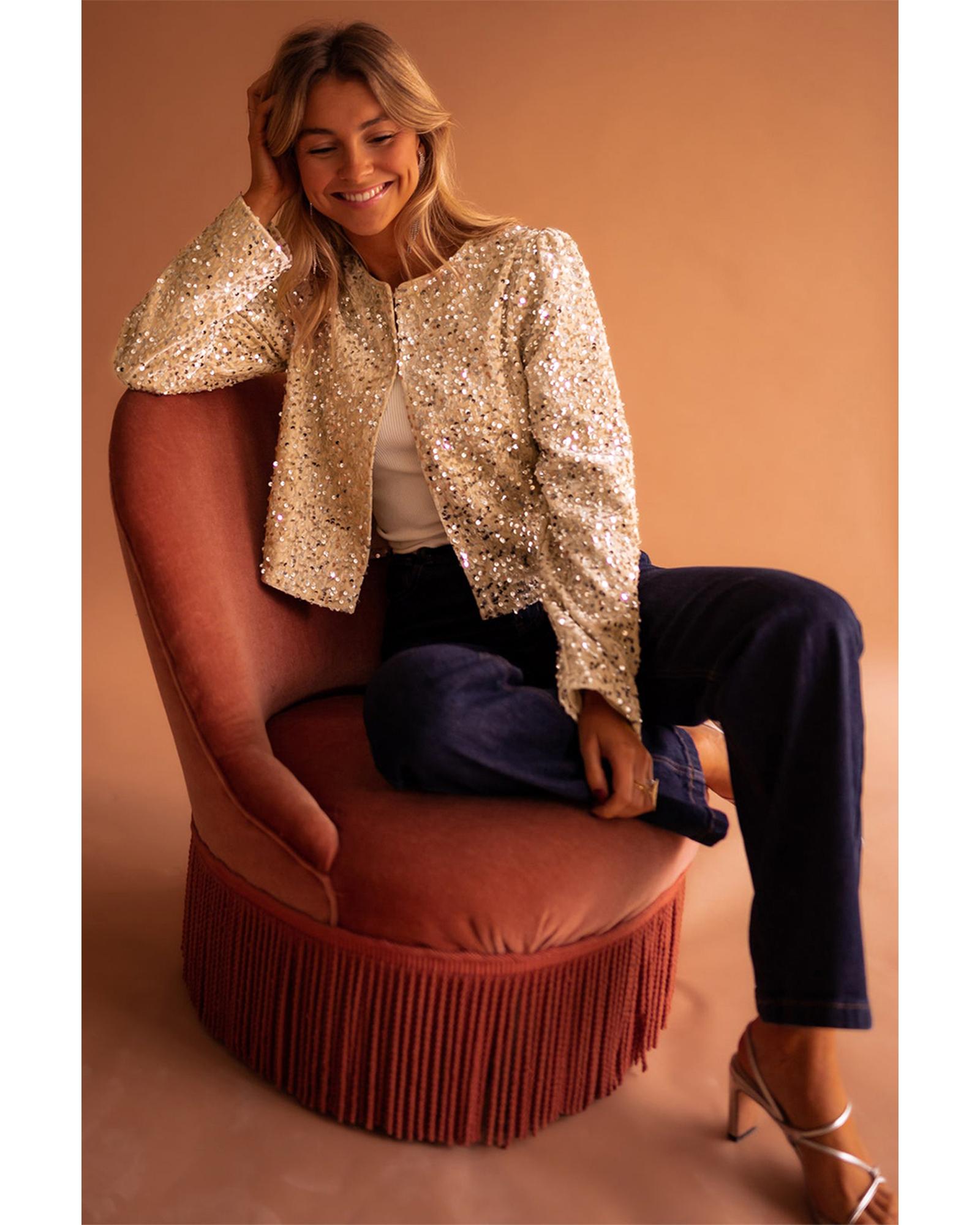 Golden Fleece Sequined Open Front Cropped Jacket - L