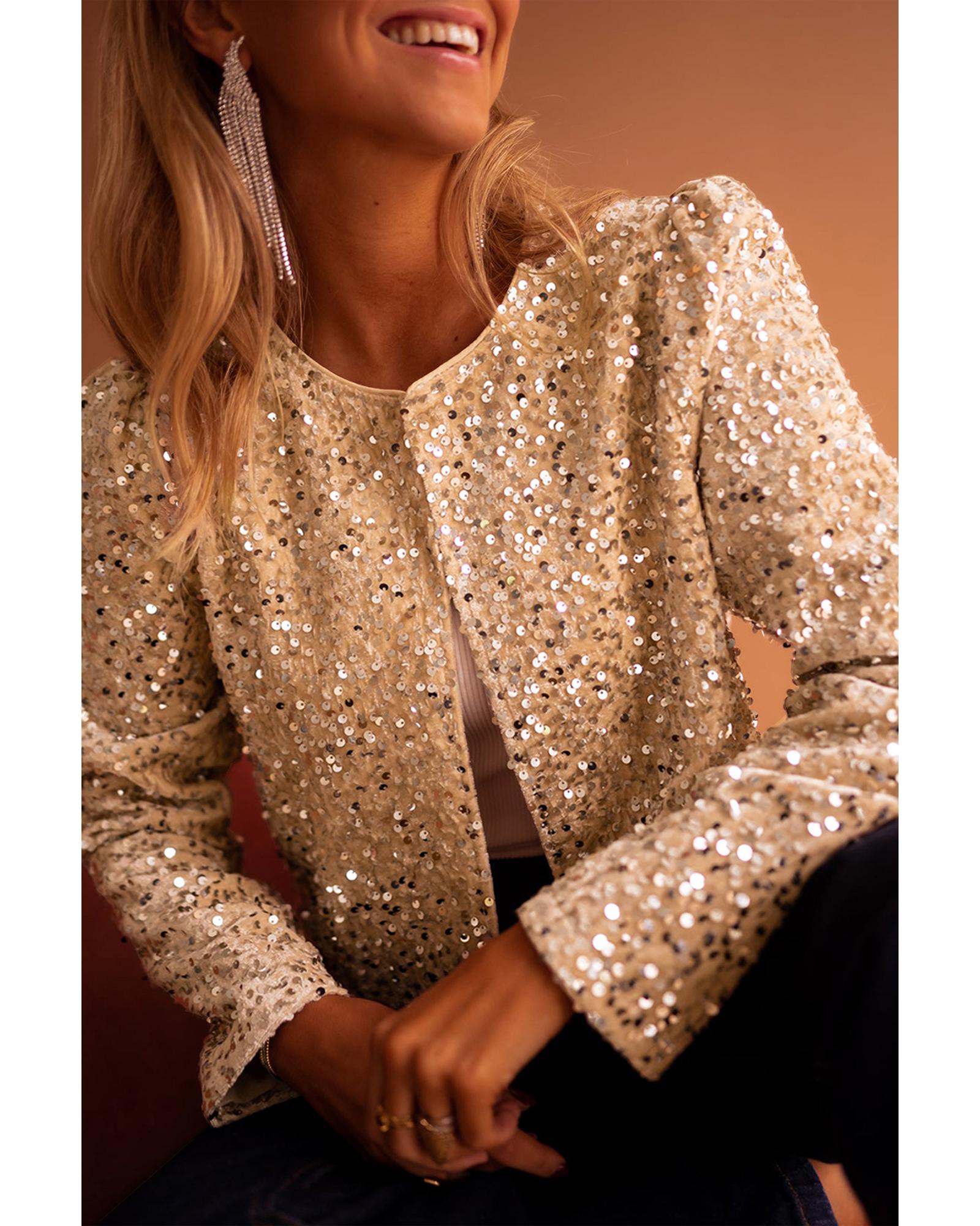 Golden Fleece Sequined Open Front Cropped Jacket - L