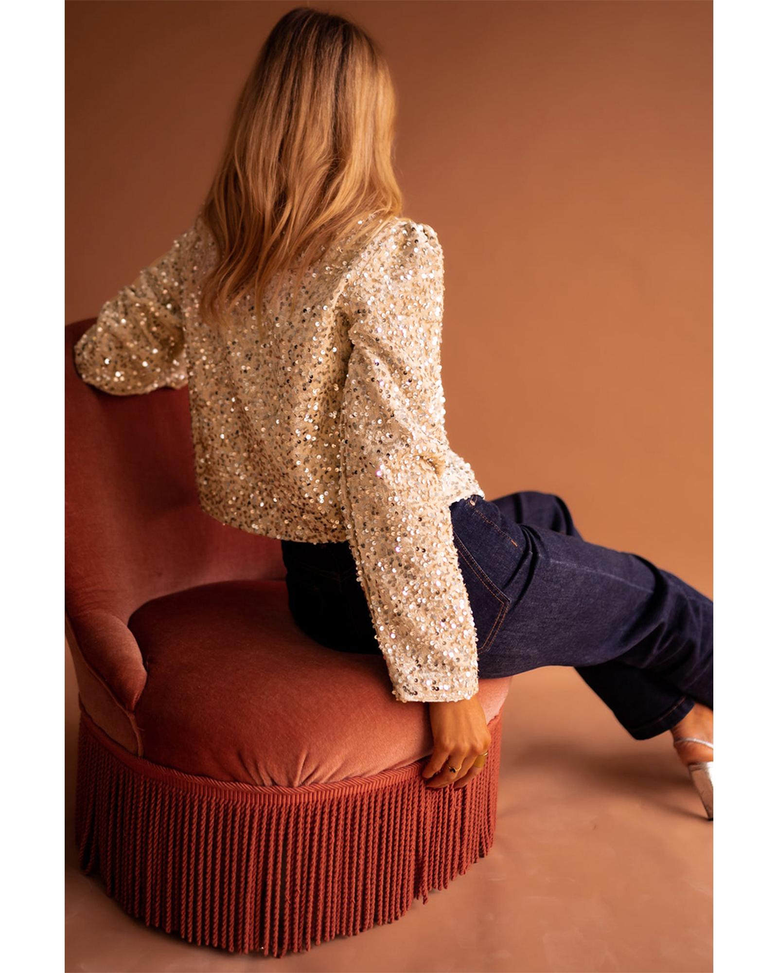 Golden Fleece Sequined Open Front Cropped Jacket - S