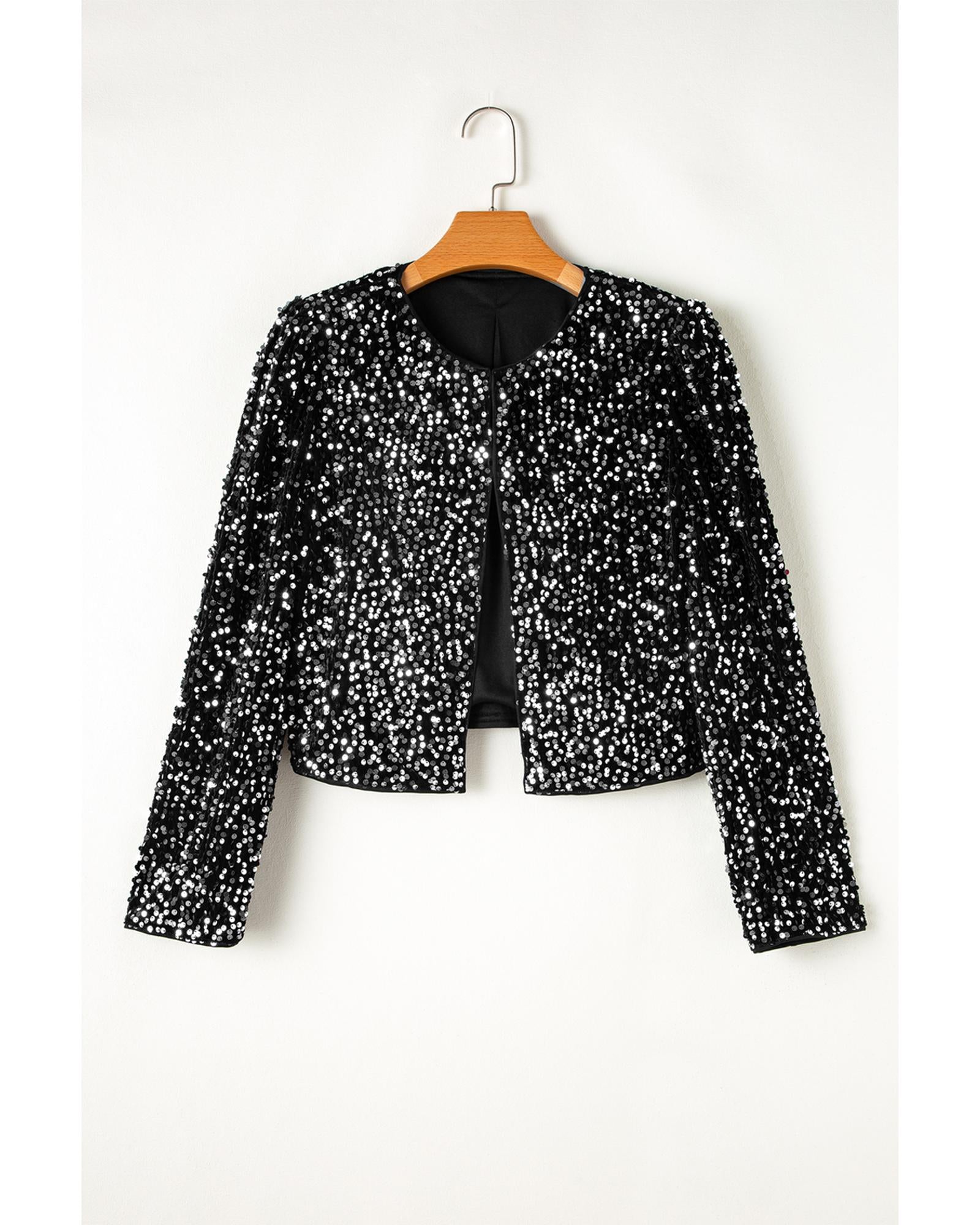 Black Sequined Open Front Cropped Jacket - L