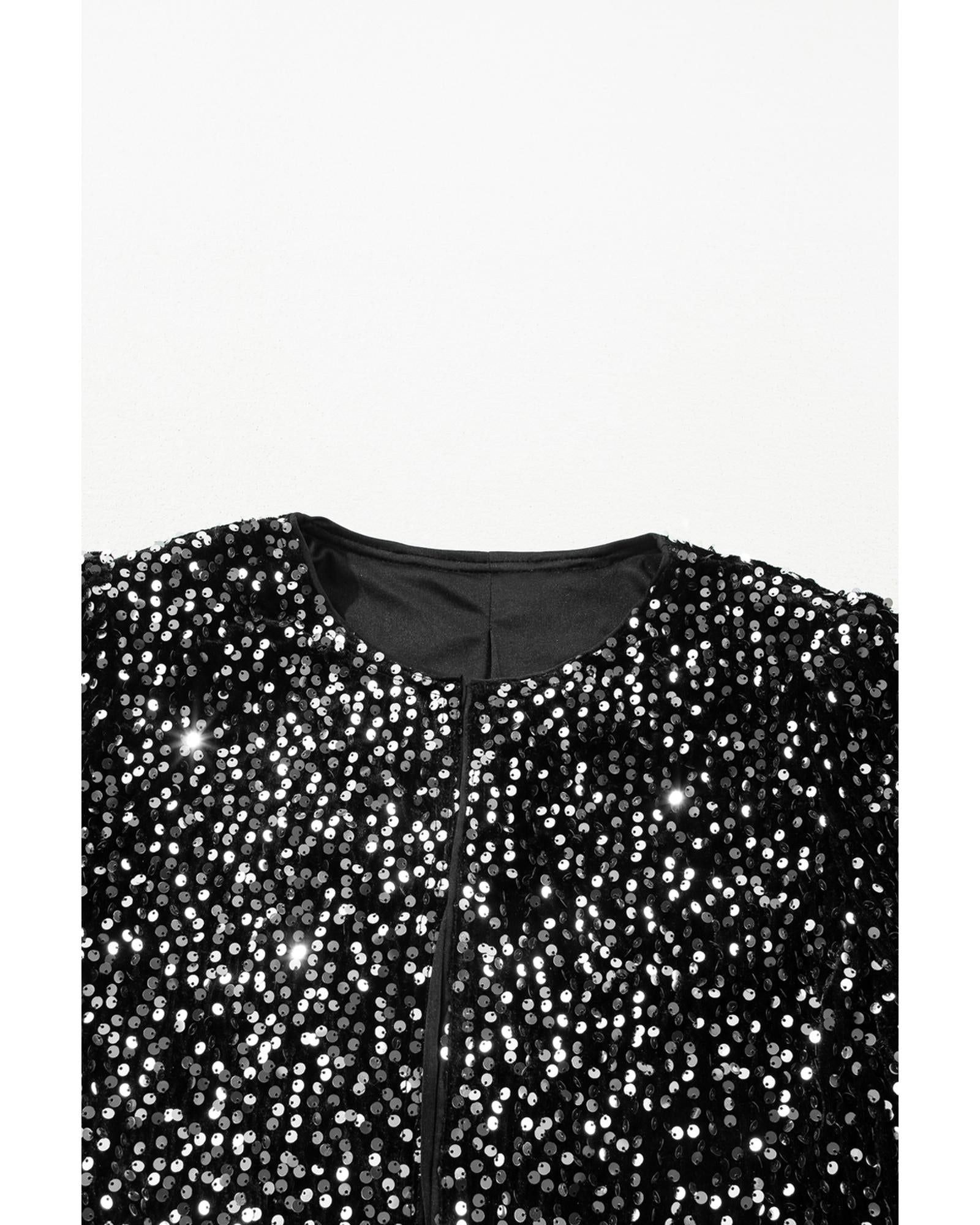 Black Sequined Open Front Cropped Jacket - L