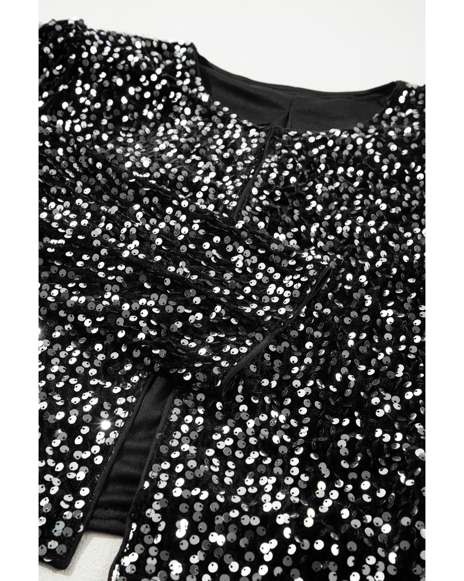 Black Sequined Open Front Cropped Jacket - M