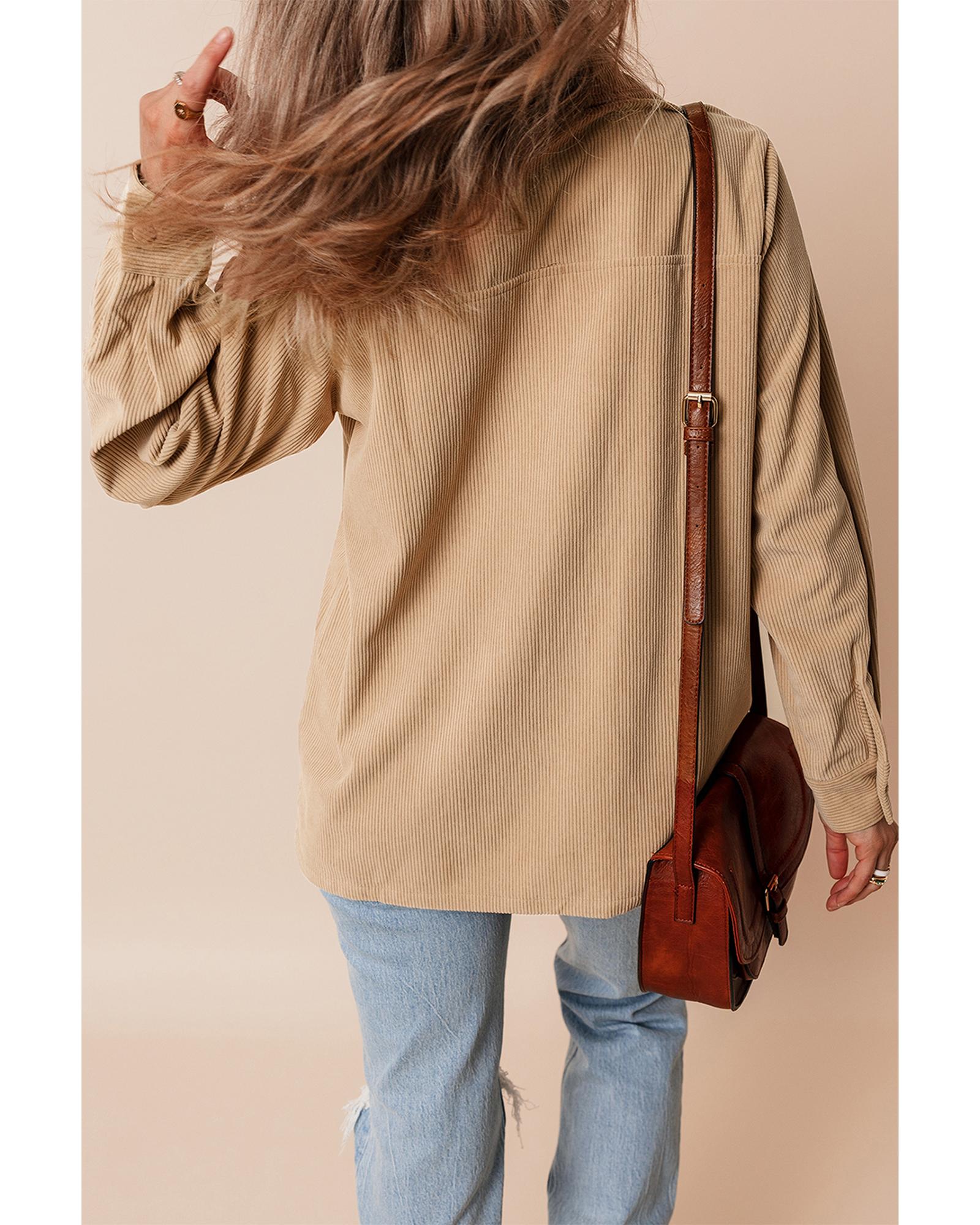 Light French Beige Solid Frilled Flap Pocket Button Up Corduroy Shacket - L