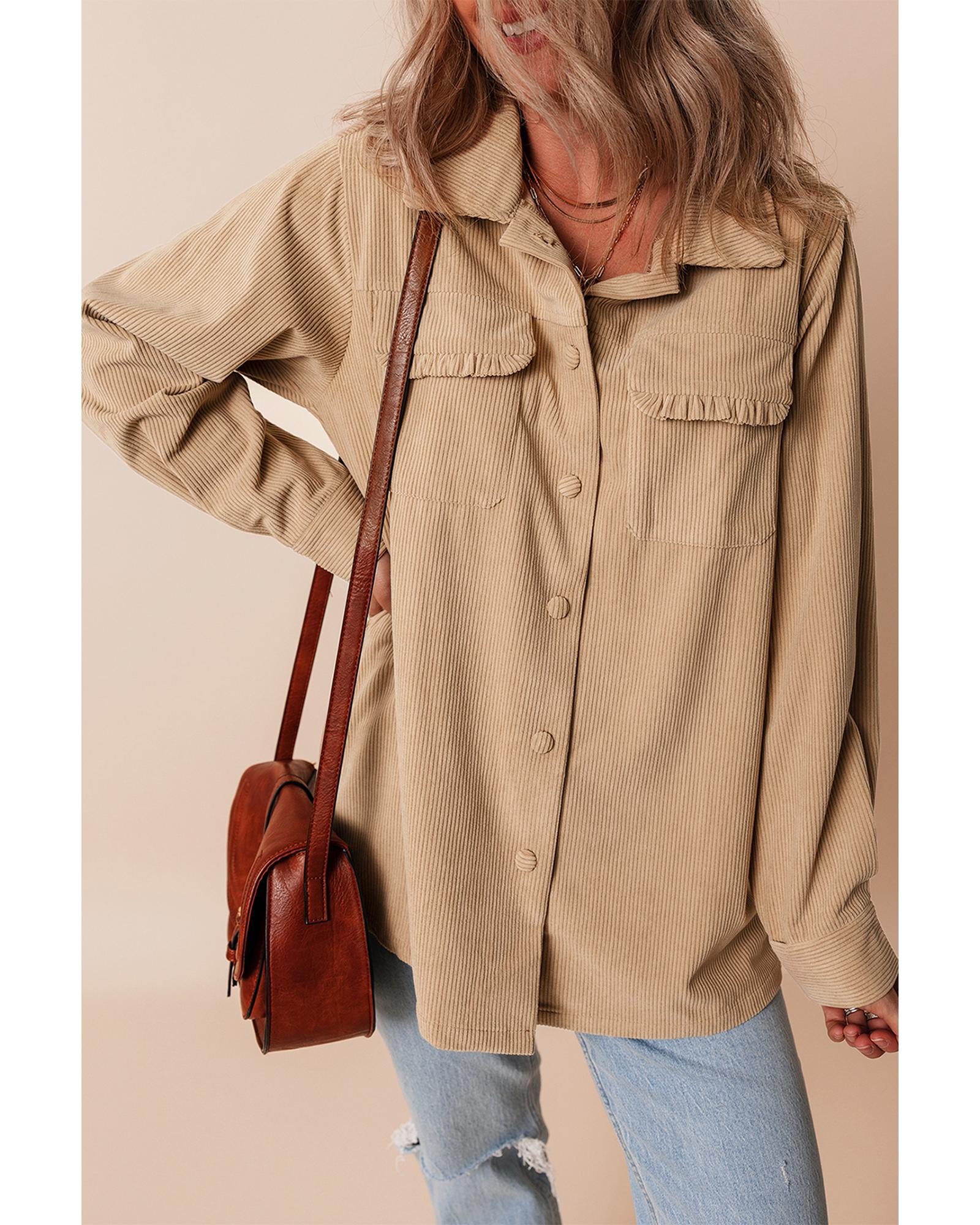Light French Beige Solid Frilled Flap Pocket Button Up Corduroy Shacket - L