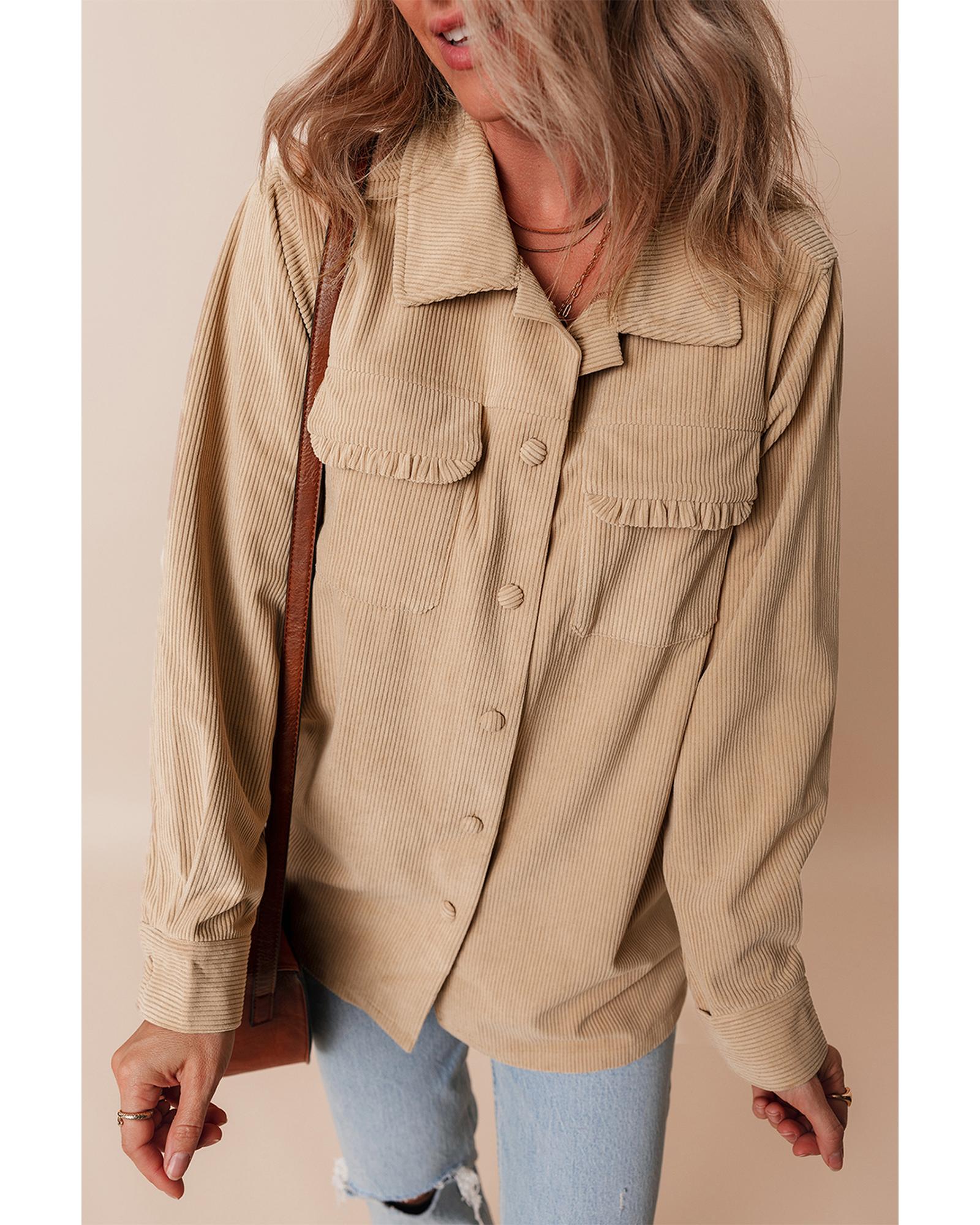 Light French Beige Solid Frilled Flap Pocket Button Up Corduroy Shacket - L