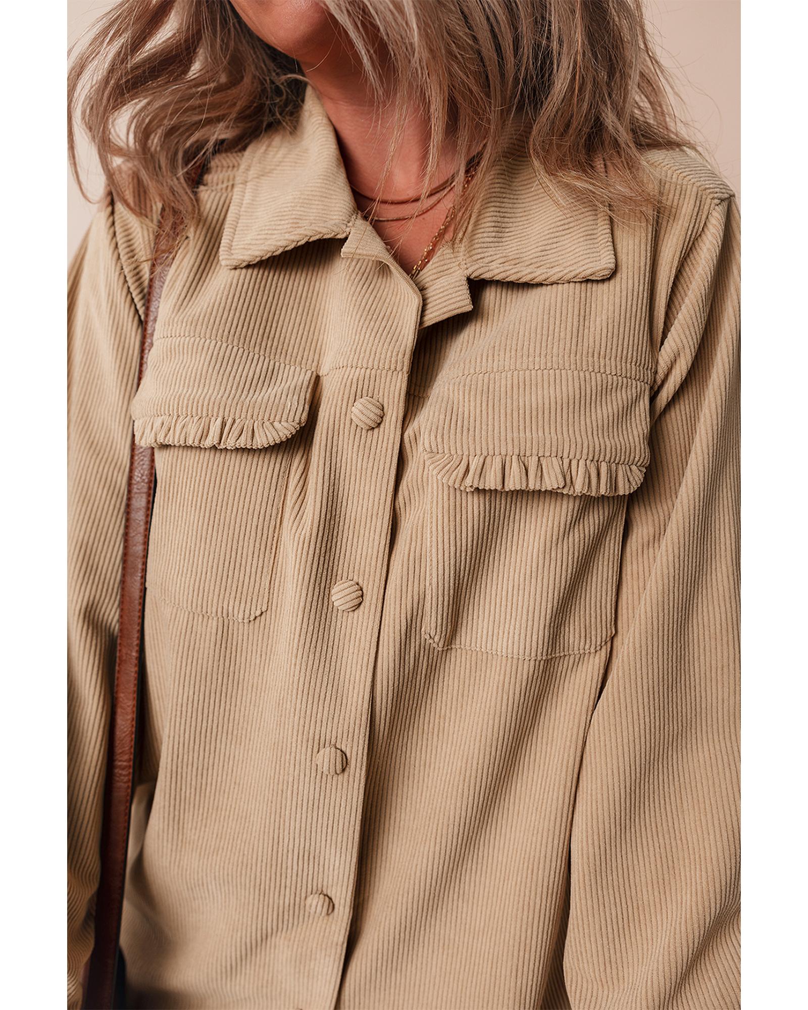 Light French Beige Solid Frilled Flap Pocket Button Up Corduroy Shacket - L