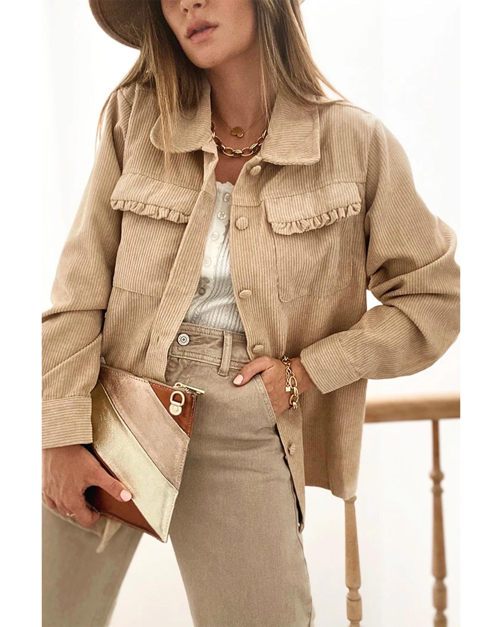 Light French Beige Solid Frilled Flap Pocket Button Up Corduroy Shacket - L
