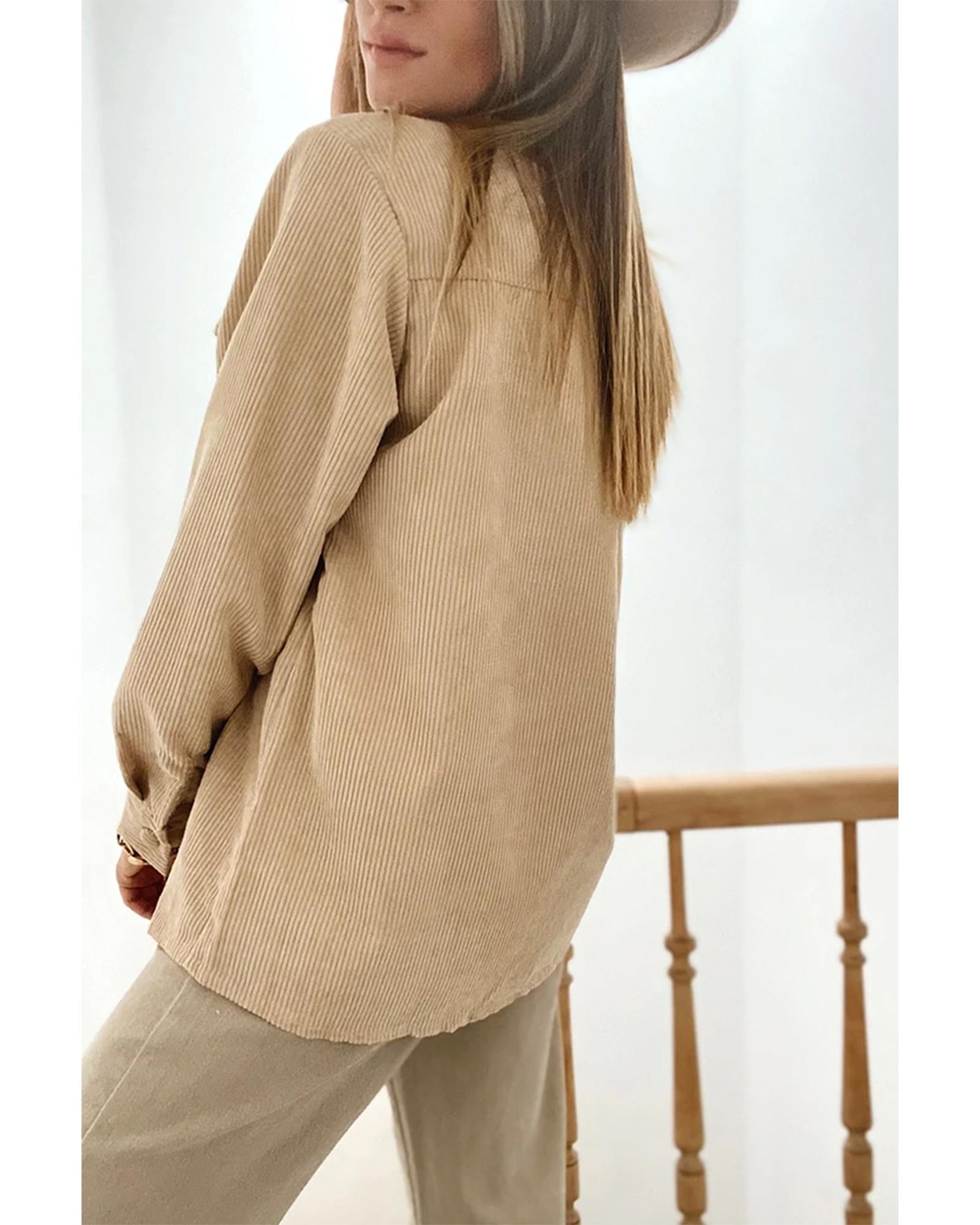 Light French Beige Solid Frilled Flap Pocket Button Up Corduroy Shacket - L