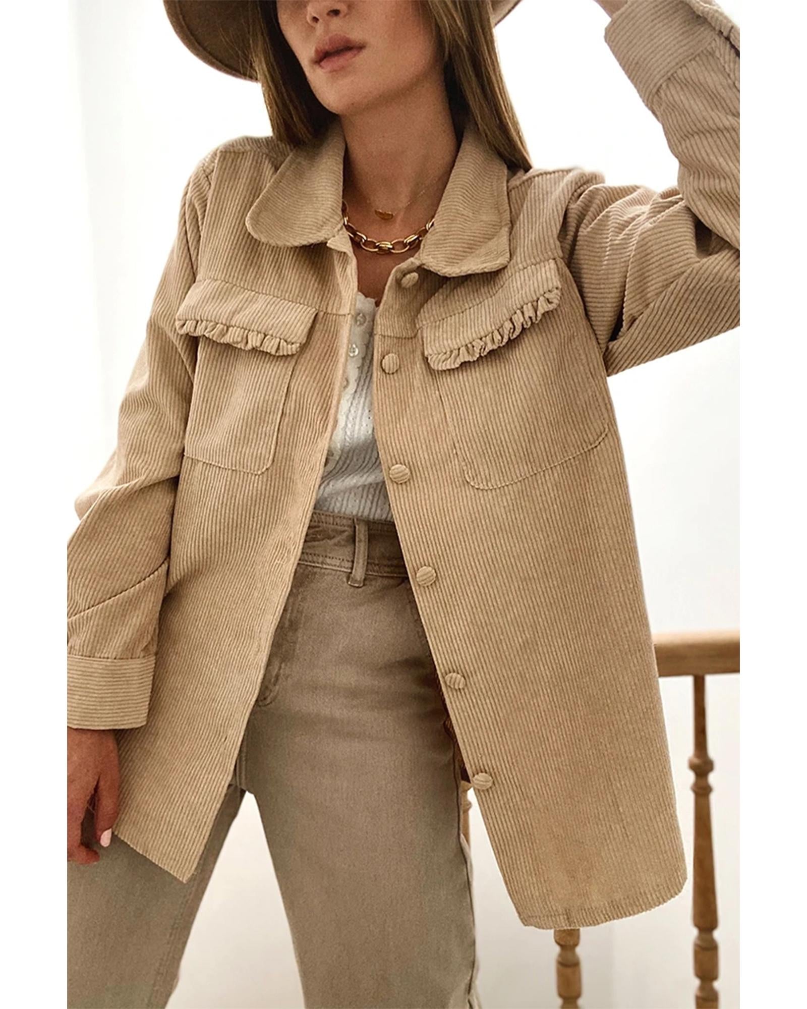 Light French Beige Solid Frilled Flap Pocket Button Up Corduroy Shacket - L