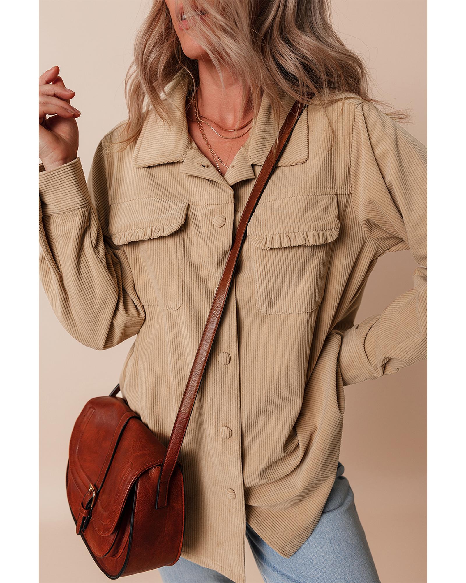 Light French Beige Solid Frilled Flap Pocket Button Up Corduroy Shacket - M
