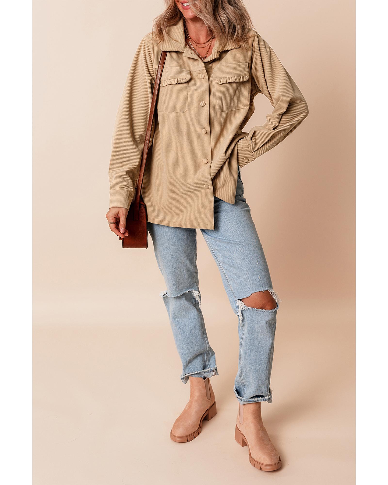 Light French Beige Solid Frilled Flap Pocket Button Up Corduroy Shacket - S