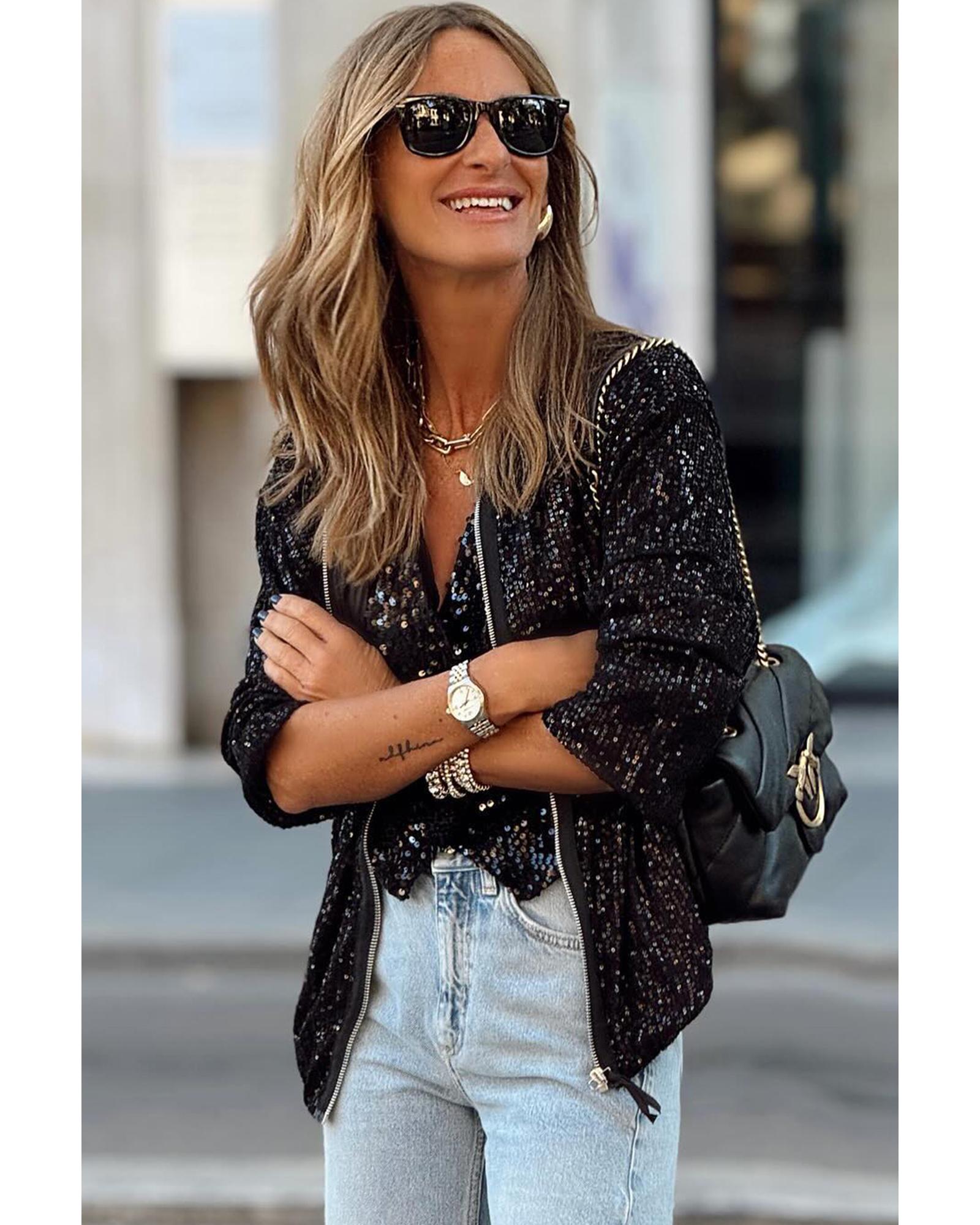 Black Sequin Zip up Round Neck Long Sleeve Jacket - L