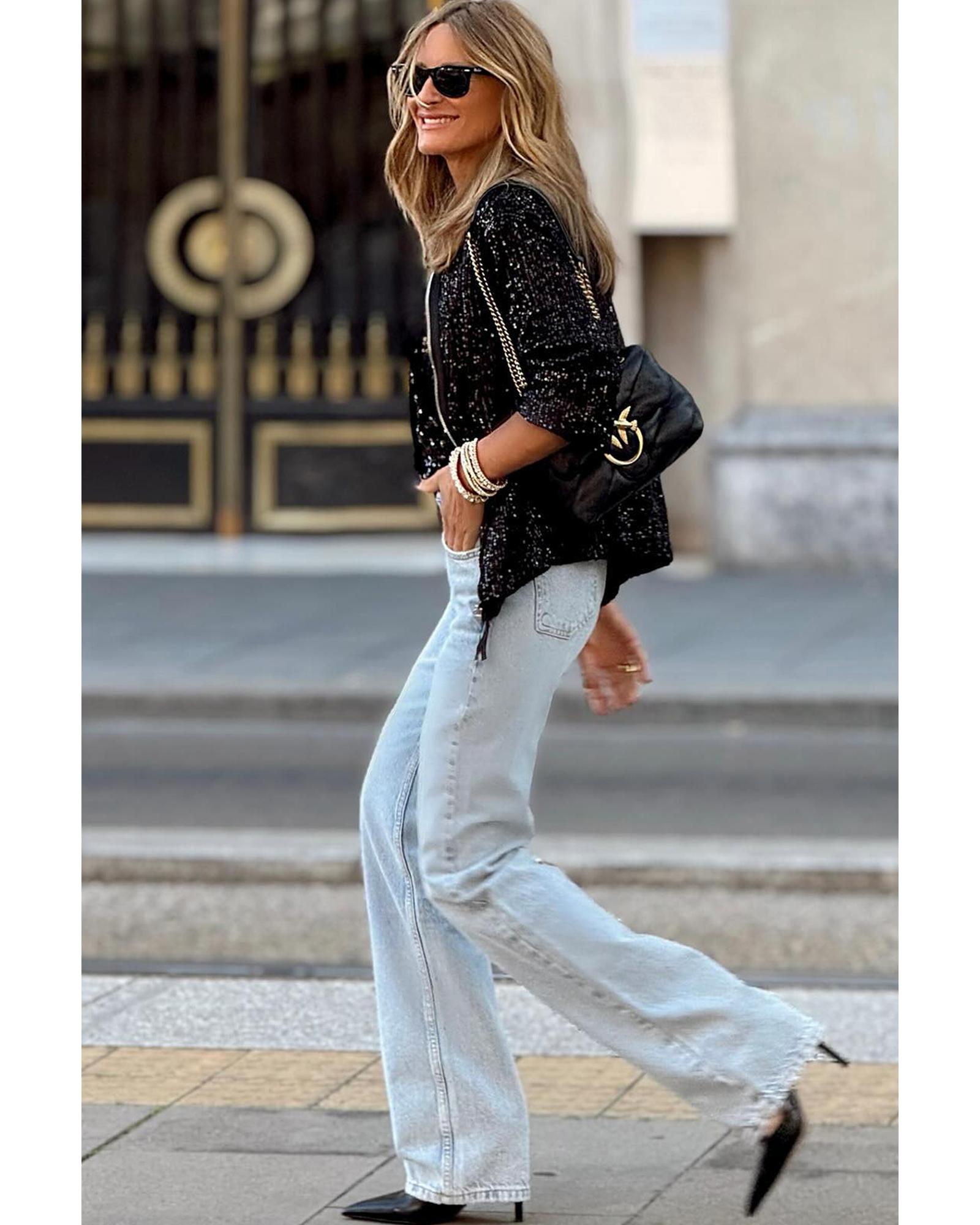 Black Sequin Zip up Round Neck Long Sleeve Jacket - L