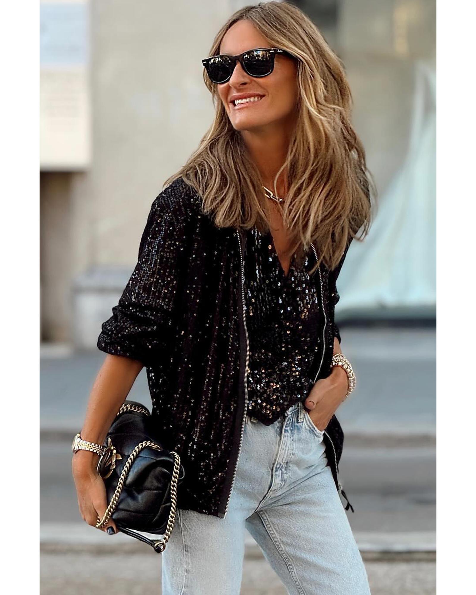 Black Sequin Zip up Round Neck Long Sleeve Jacket - M