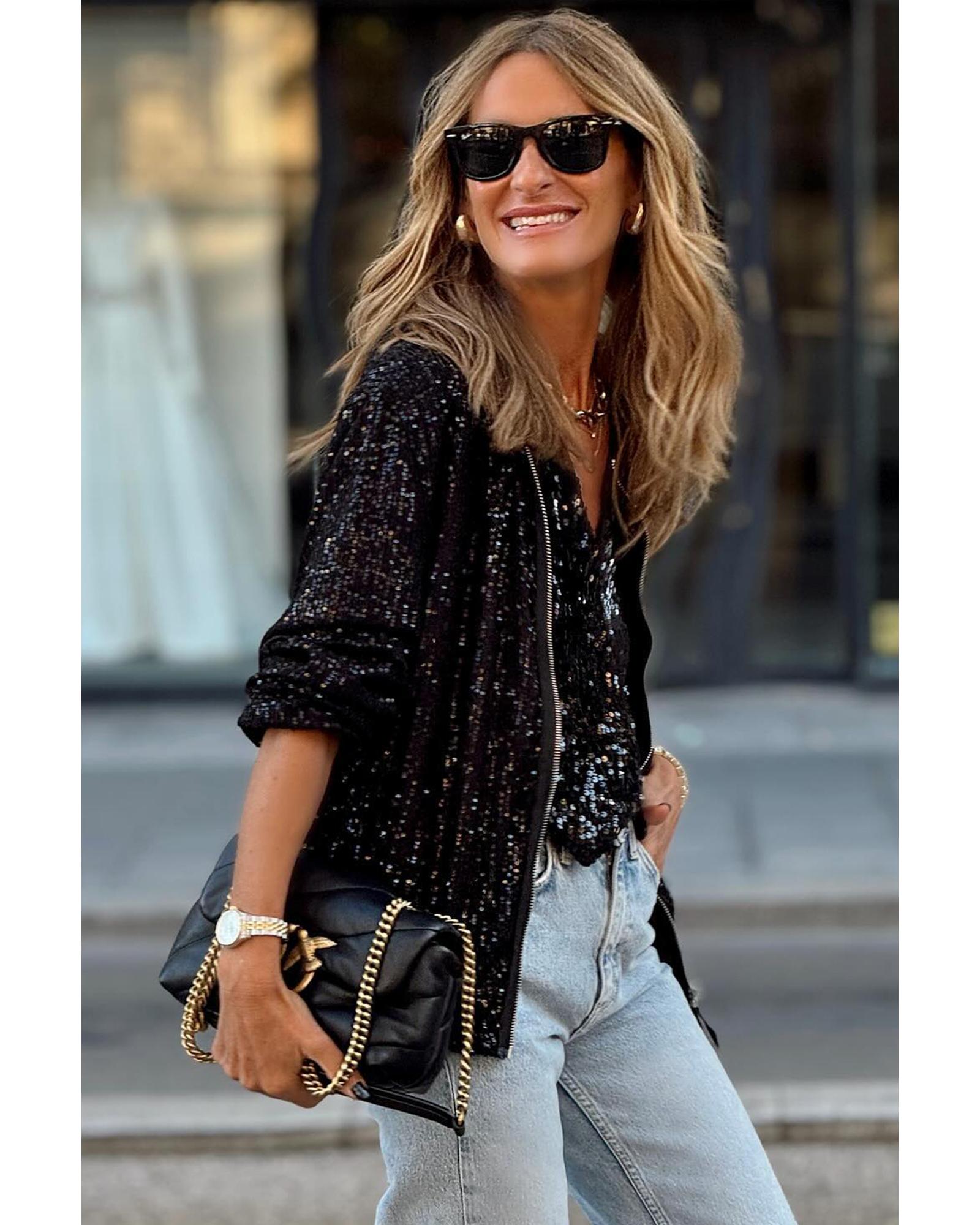 Black Sequin Zip up Round Neck Long Sleeve Jacket - M