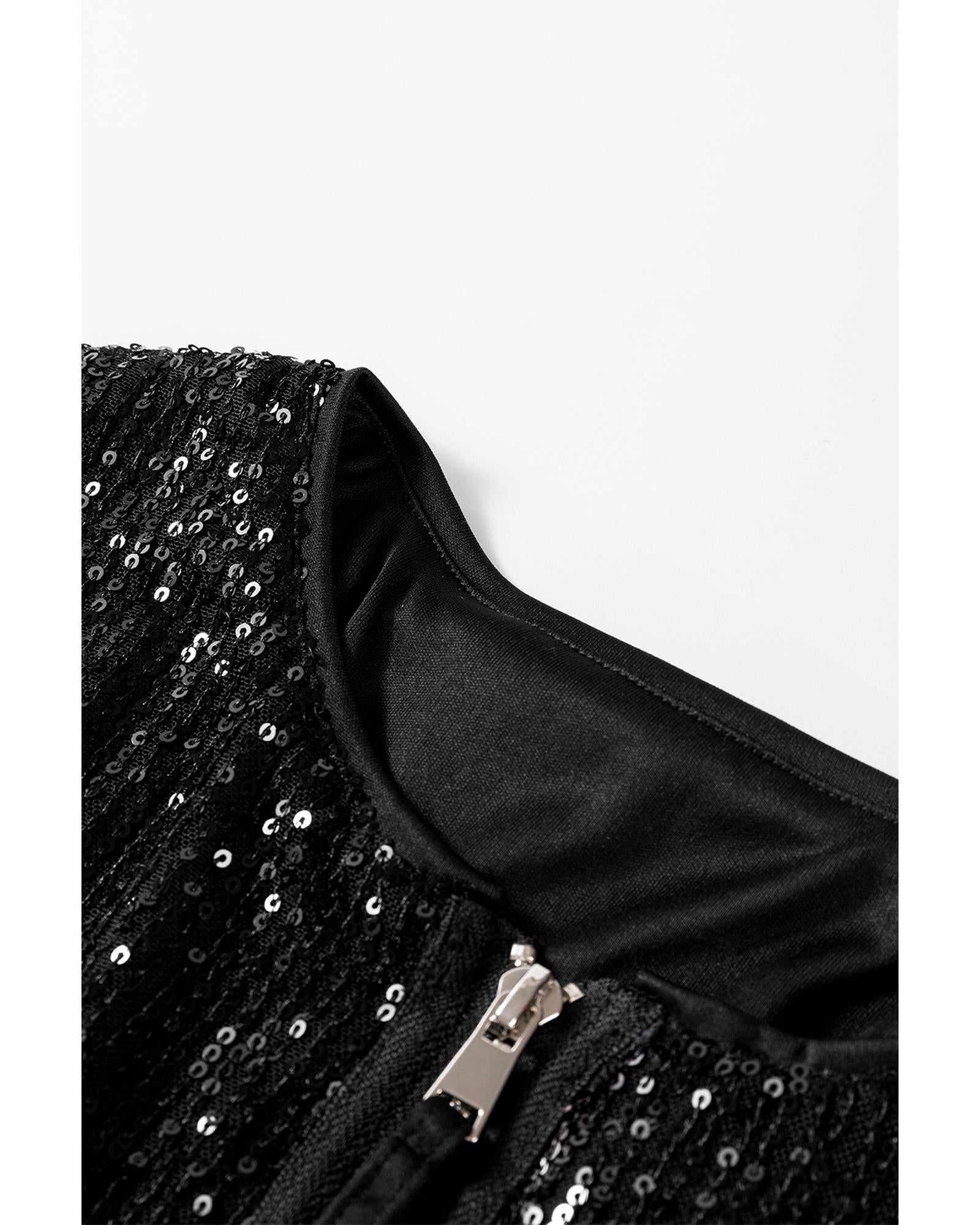Black Sequin Zip up Round Neck Long Sleeve Jacket - M
