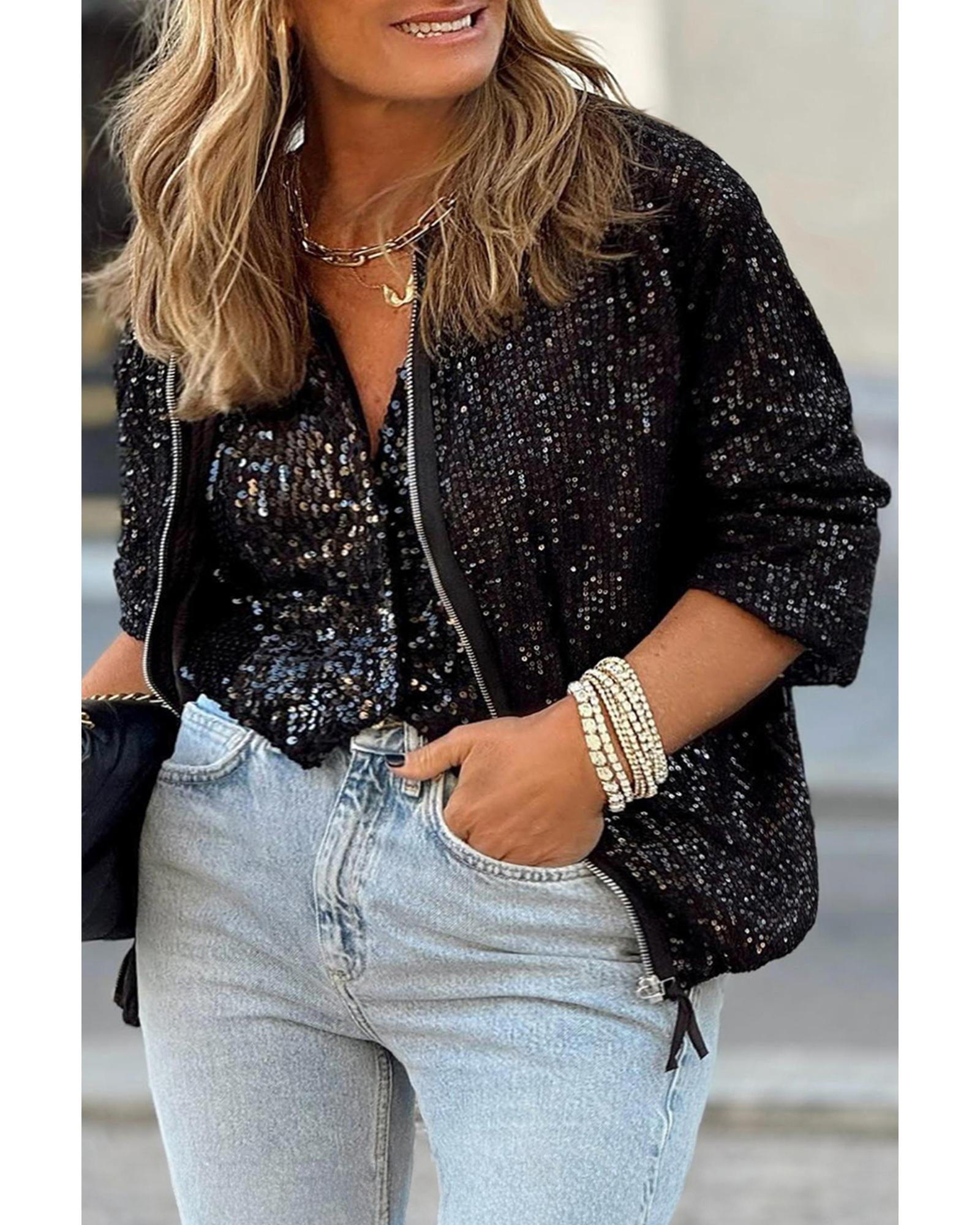 Black Sequin Zip up Round Neck Long Sleeve Jacket - S