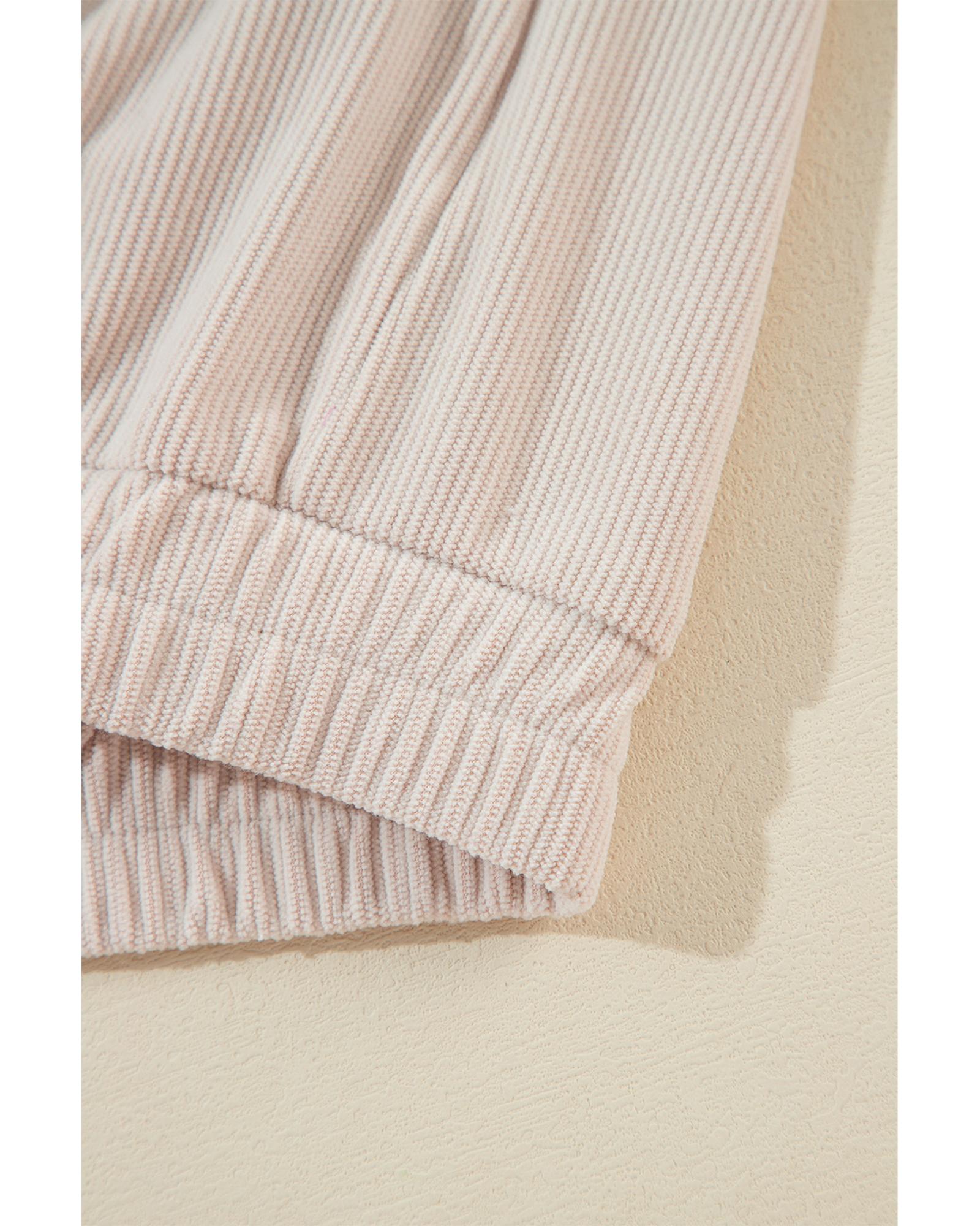 White Corduroy Drawstring Hooded Pocket Zip Up Jacket - M