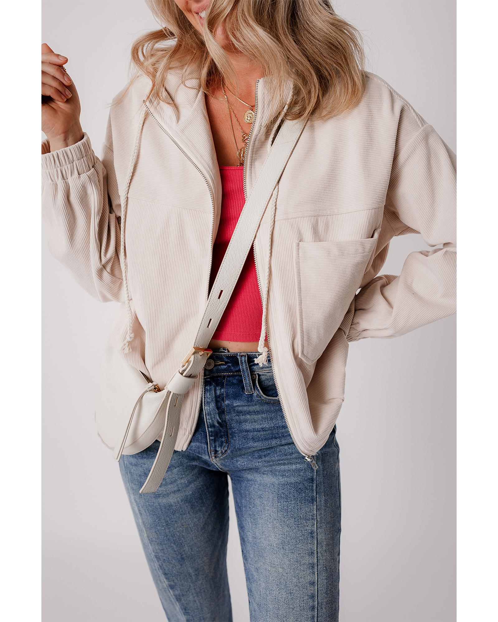 White Corduroy Drawstring Hooded Pocket Zip Up Jacket - M