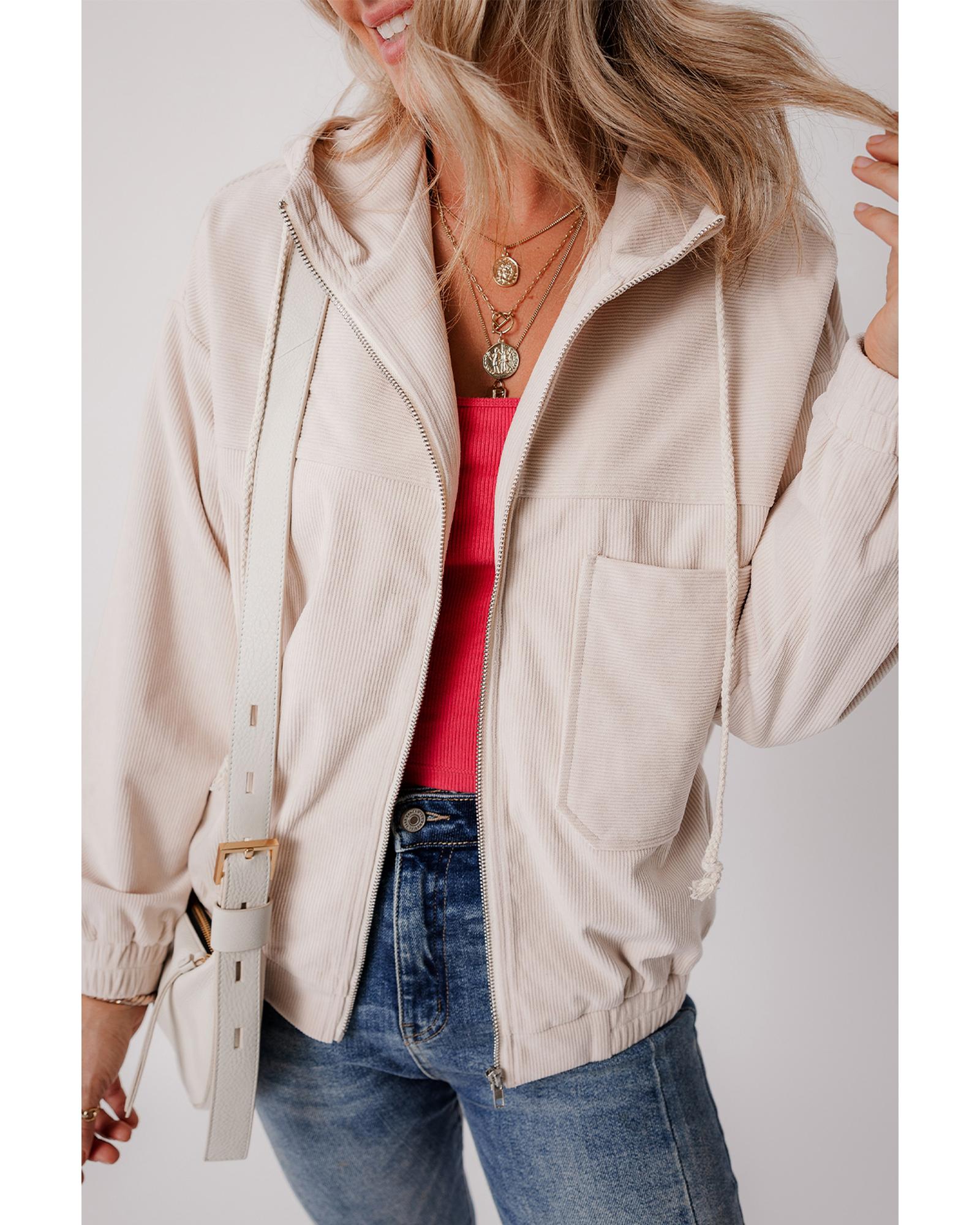 White Corduroy Drawstring Hooded Pocket Zip Up Jacket - M